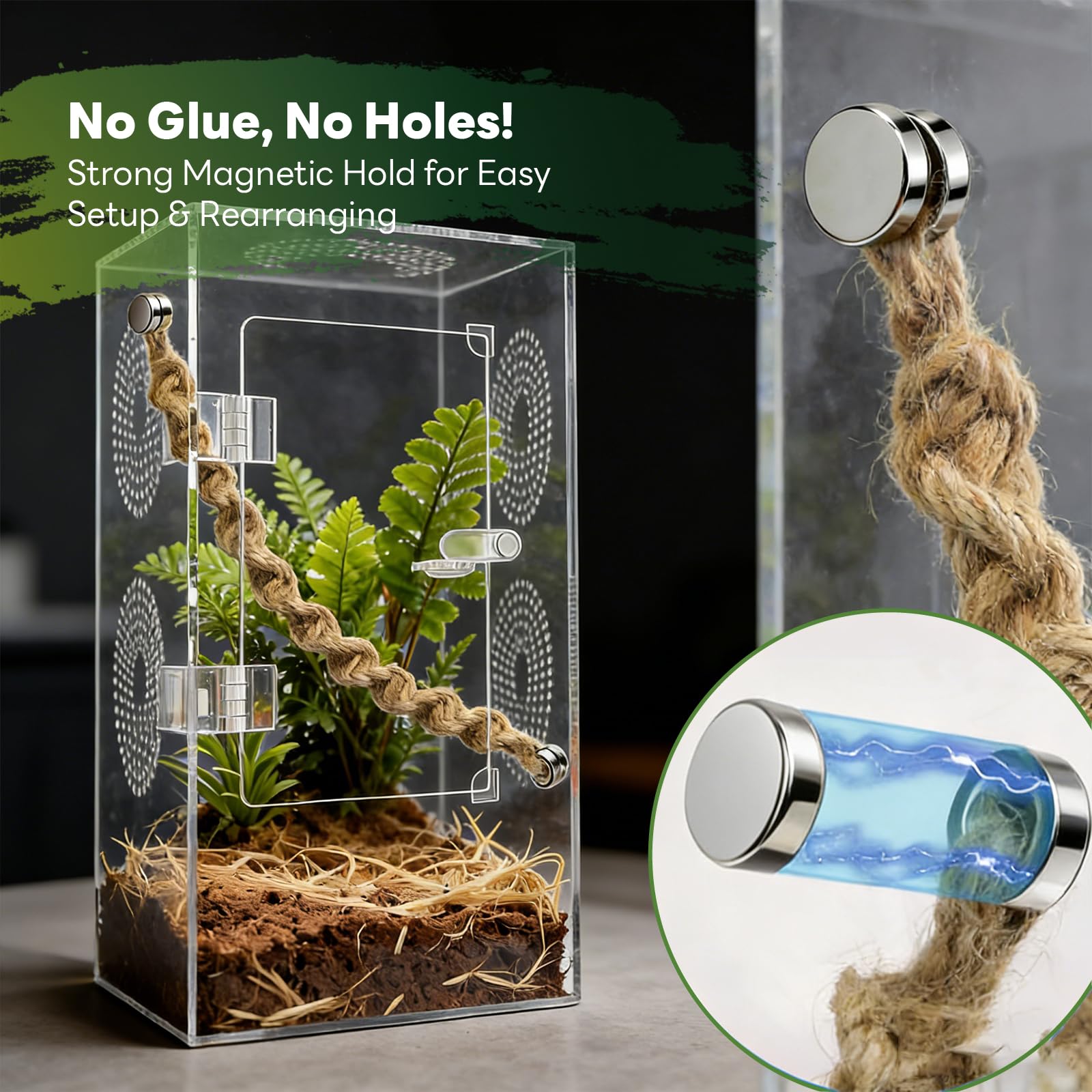 15 Stück Magnetisches Springspinnen Zubehör Set,Jute Vertikale Hängematten & Aufhängbare,Nest aus Natürlichem Hanfseil 6 Moosband,Kletterschaukel Erkunden Klettern (Nicht enthalten Terrarium)
