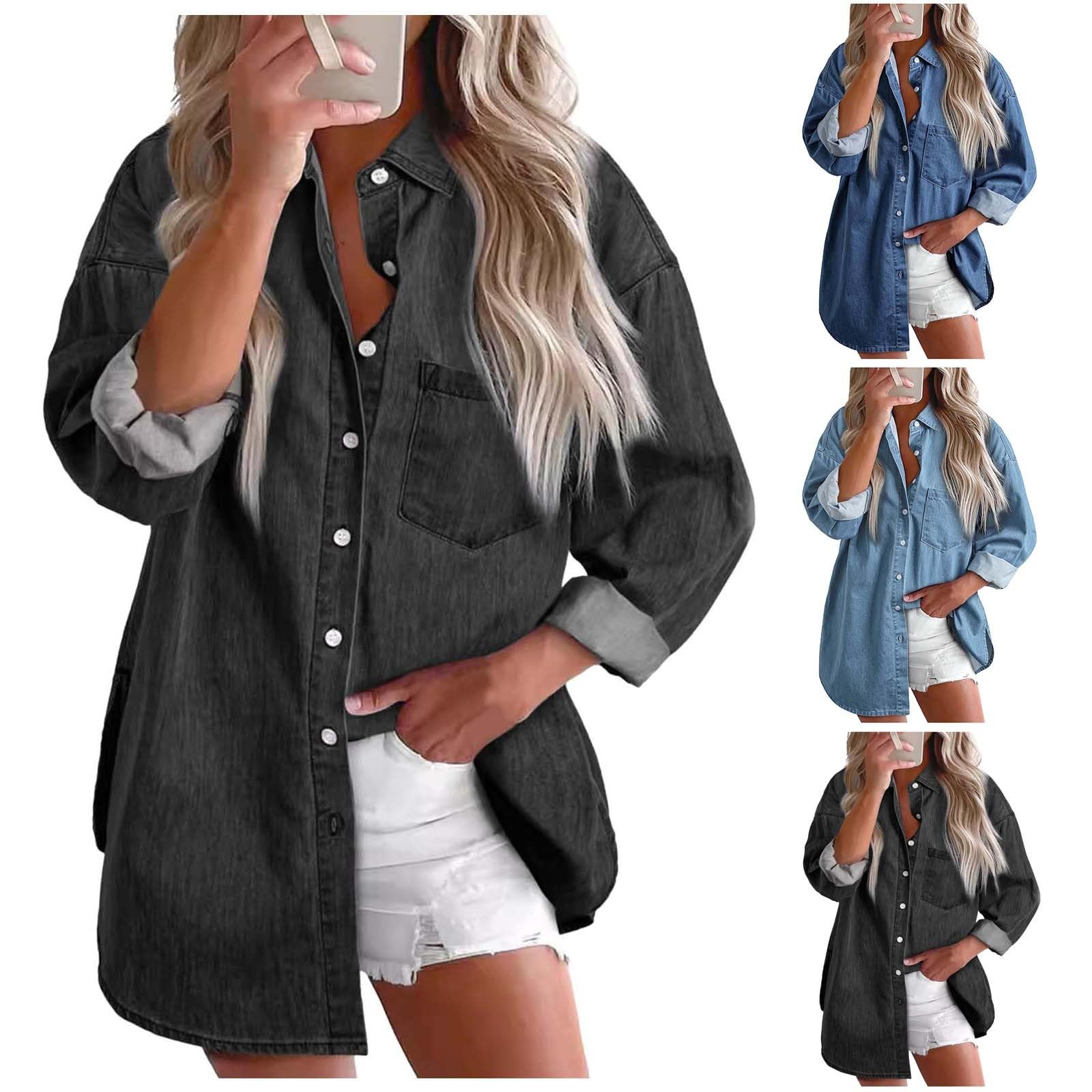Chemise en jean pour femme - Chemise western - Tunique - Manches longues - Boutonnée - Hauts pour femme - Décontracté et élégant - Chemise en jean - Chemise en jean - Chemise en denim