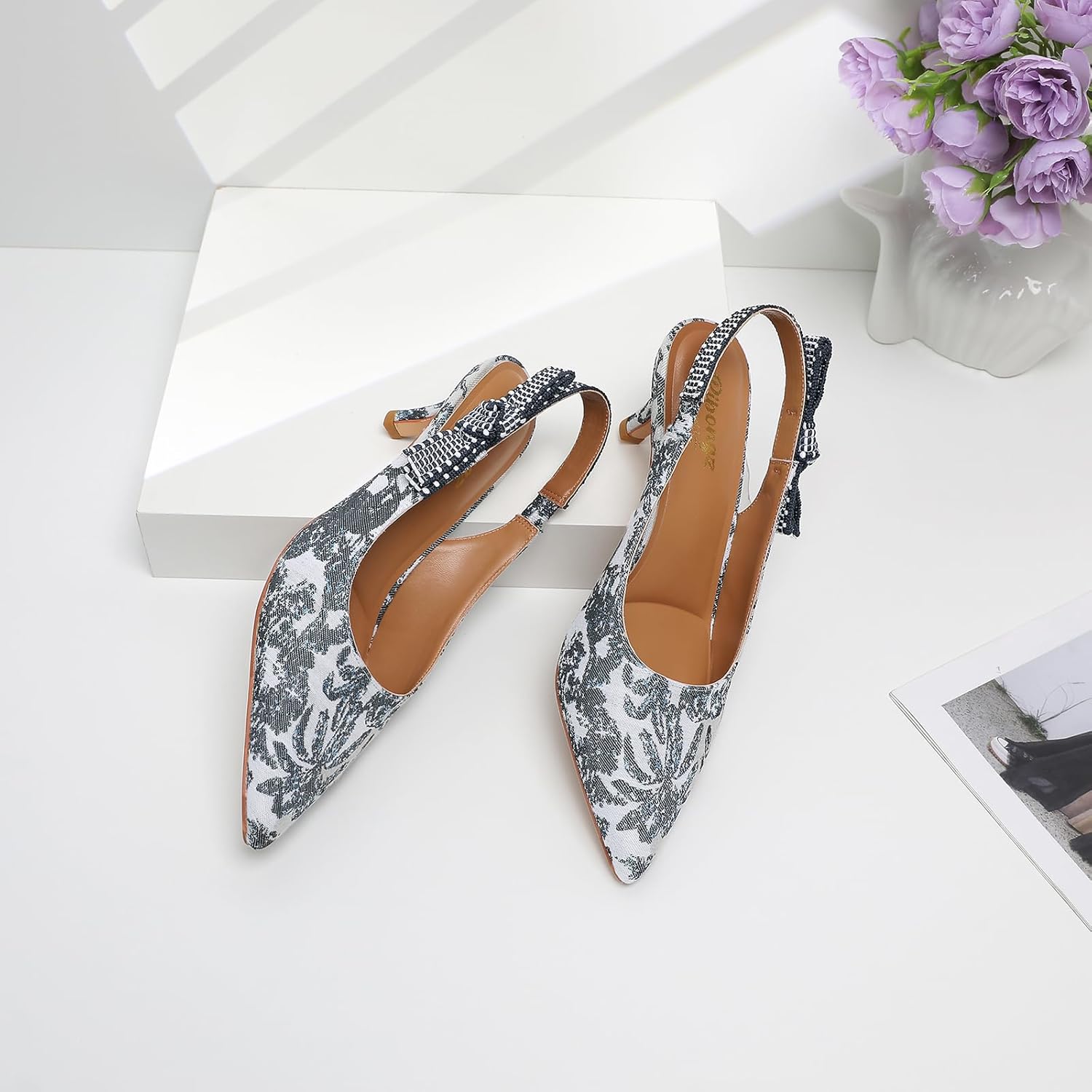 RIBONGZ Women Slingback High Kitten Heel Shoes Closed Pointed Toe Dress Pumps Slip on Patent Leather Comfort Stiletto Heels Braided Bowknot Work Wedding Shoes - Image 7