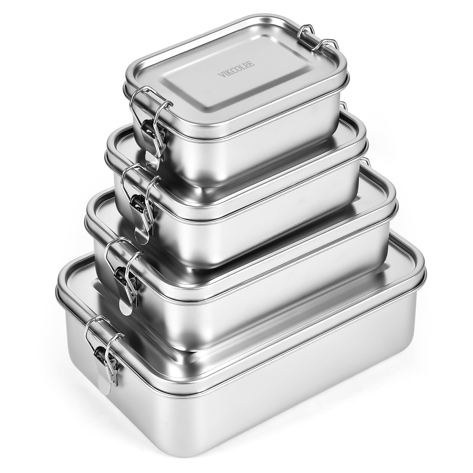 VIKCOLEE 4 PCS Stainless Steel Bento Box 4-Size, Metal Lunch Box, Food Containers, Lunch Container for Home, Work, Camping (550ml+850ml+1400ml+2400ml)