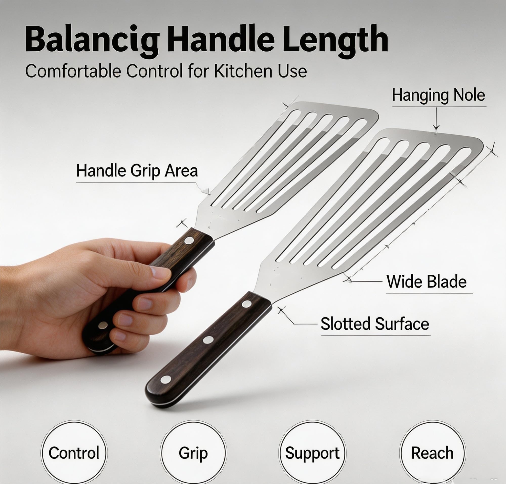 Genérico Paquete de 2 espátulas for Pescado de Acero Inoxidable | Volteadores ranurados de acero inoxidable con mangos de madera for uso en plancha y sartén.(4pc fish spatula)