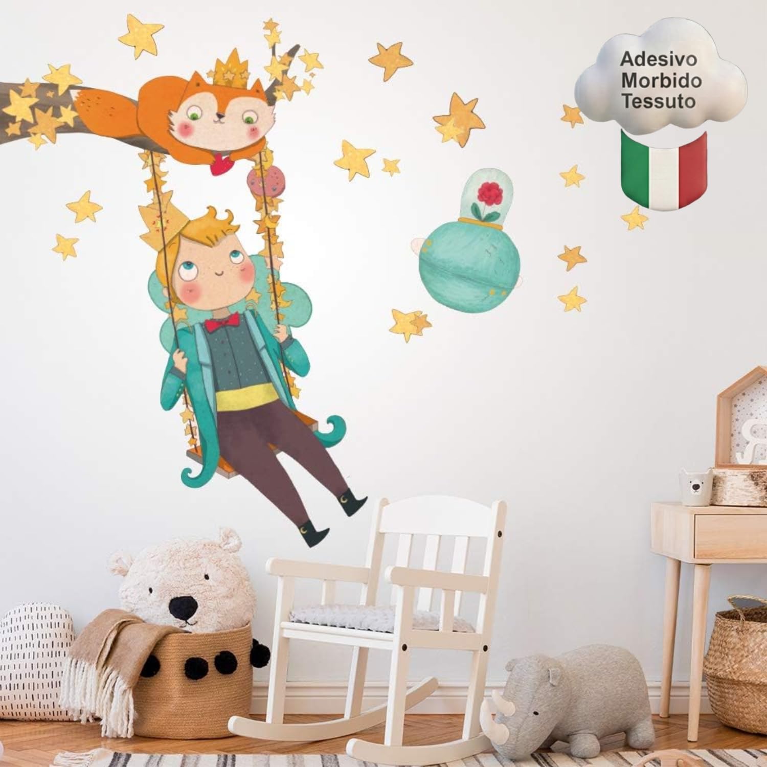 kina - Adesivo Murale Bambini Decorazione Parete Cameretta R00369 - Eco-Tessuto, Ecologico Anallergico, Riposizionabile, Effetto Carezza, Asilo Nido - Grafica Piccolo Principe e Misura 120x30 cm