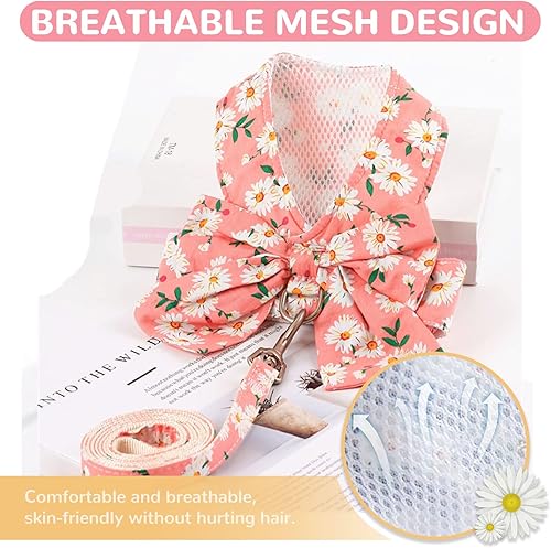 Miniatura 10 de Juego de arnés y correa para perro con nudo de lazo sin tirones, arnés floral de margarita con anillo en D, juego de arnés de malla suave para