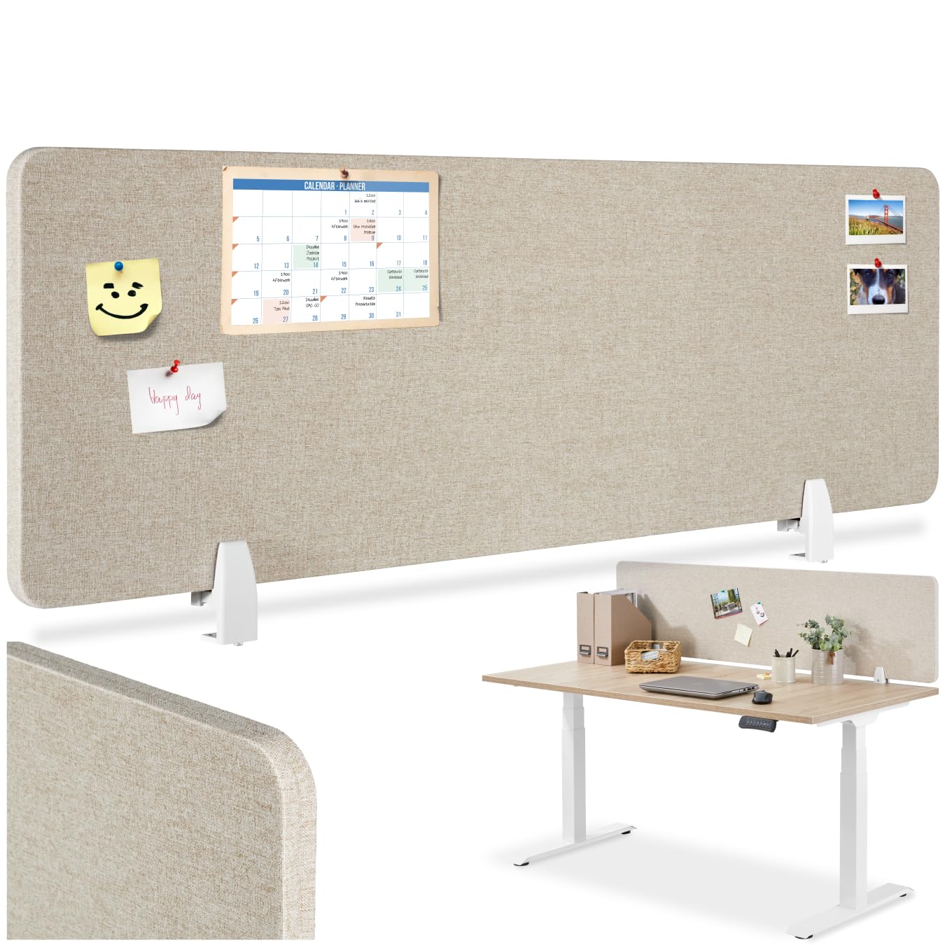 tectake Schreibtisch-Trennwand 160 x 40 cm, beige – Akustikpolster, Sichtschutz, kabelführung, Montage ohne Bohren