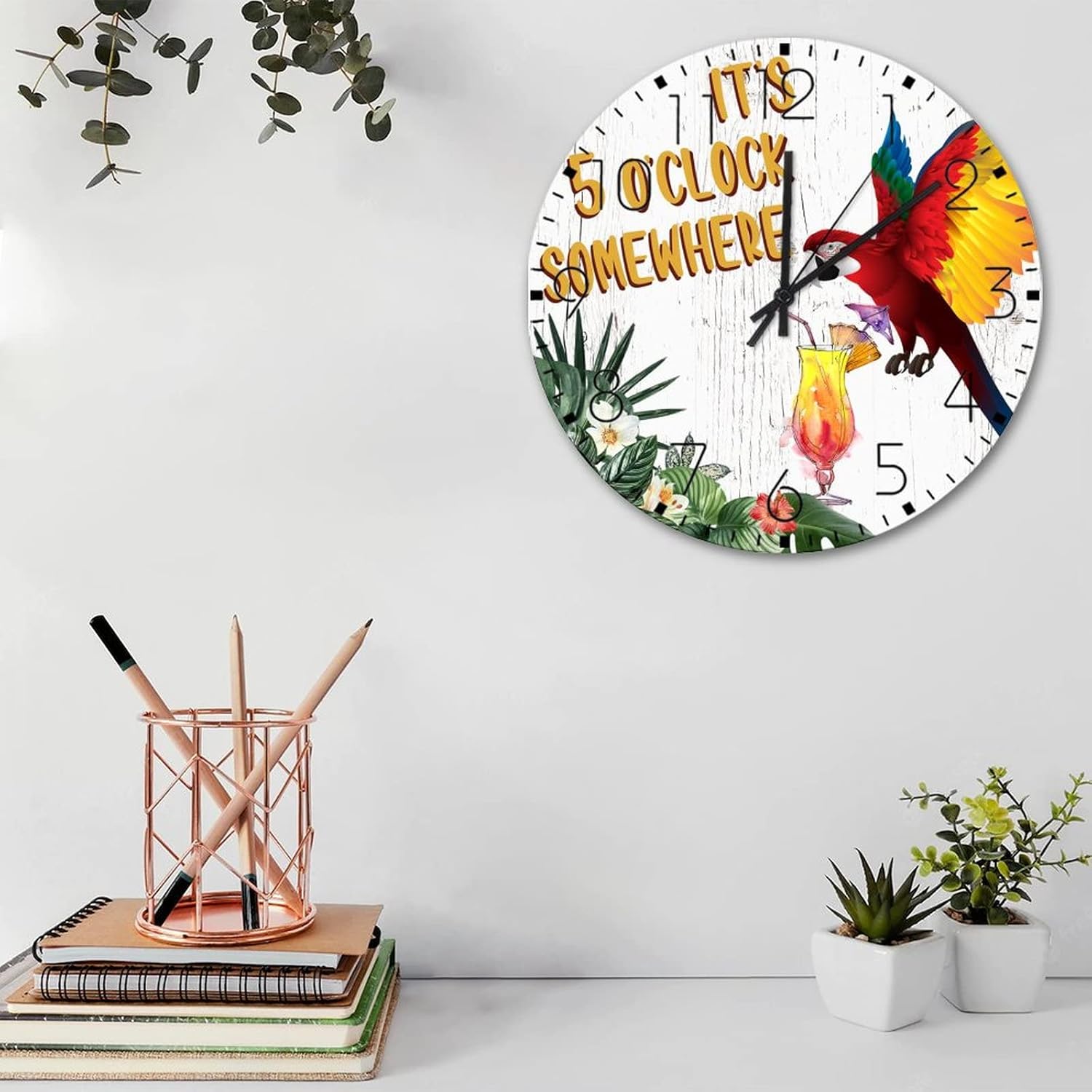 15 Inch Silent Non-Ticking Wall Clocks Battery Operated It's Five O'clock Somewhere Home Decoration for Living Room Macaw Parrot Animal Pet Country Round Wooden Wall Clock Vintage for Indoor Restroom