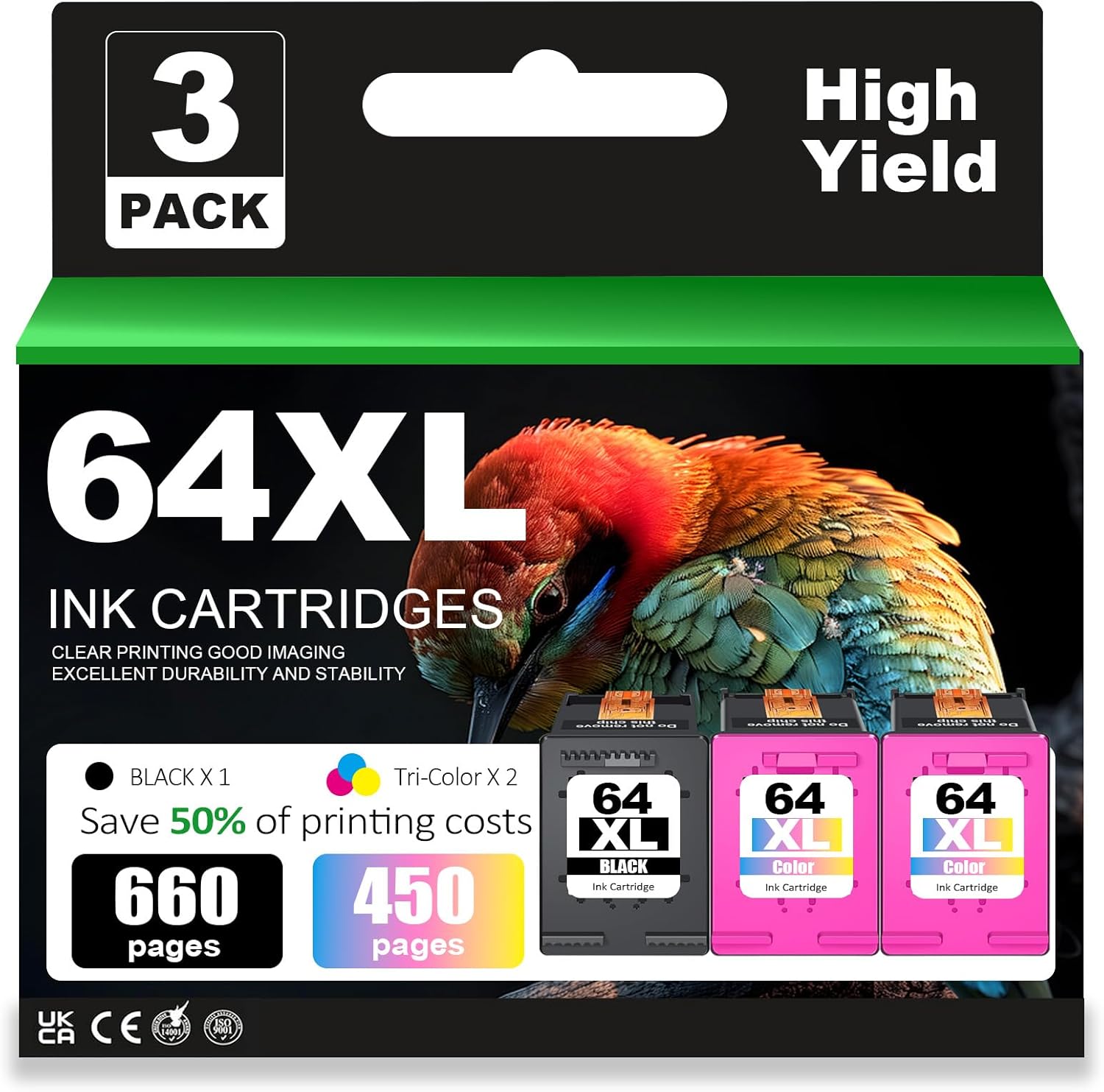 64XL Black and Color Ink Cartridges Replacement for HP Ink 64 64XL Combo Pack for HP Envy Inspire 7955e 7958e Photo 6220 6222 6230 6232 7134 7155 7158 7164 7830 Tango（1 Black 2 Color）