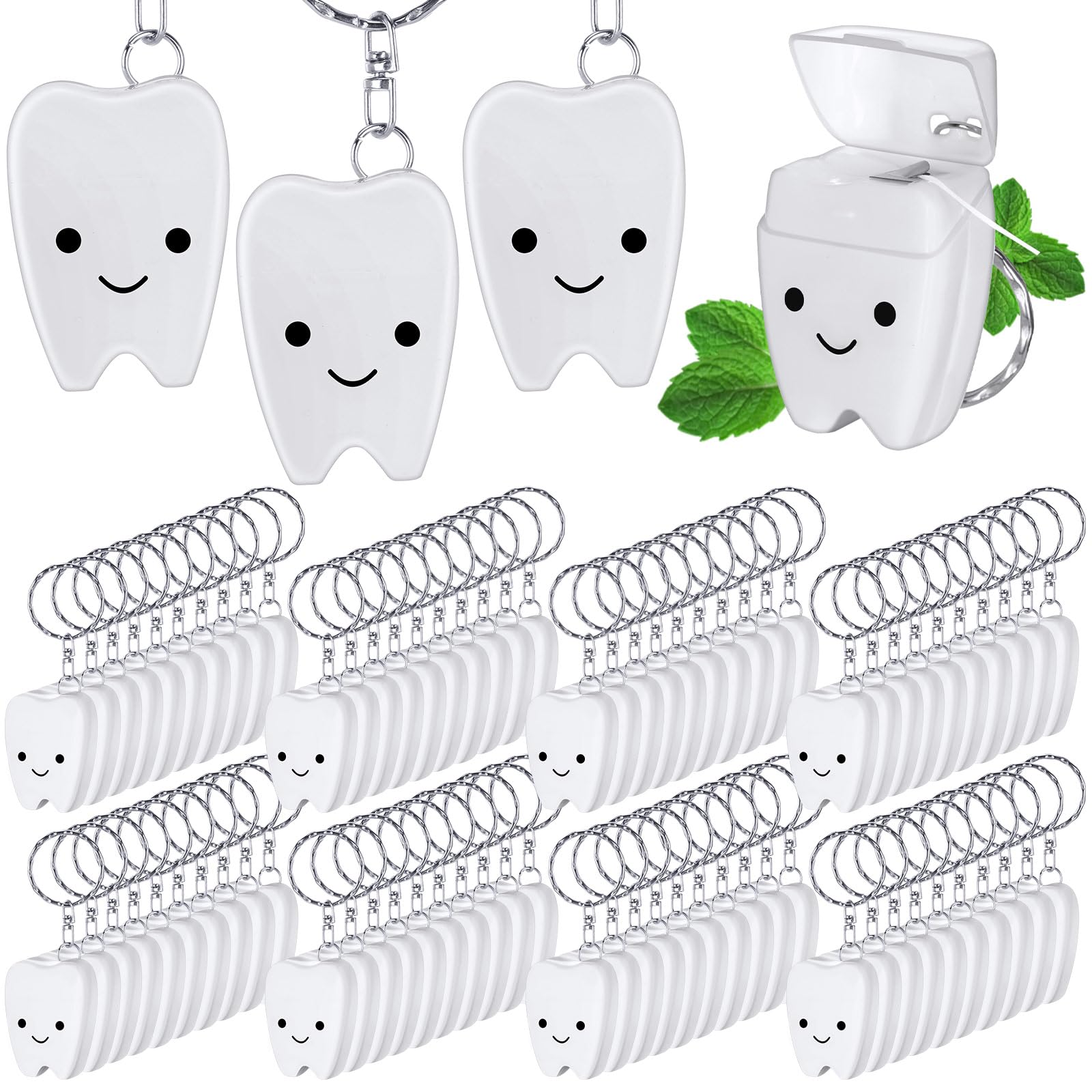 Landical 96 Pcs Mini Dental Floss Keychain Bulk Tooth Shaped Portable Teeth Floss Cleaning for Homeless Party Favors