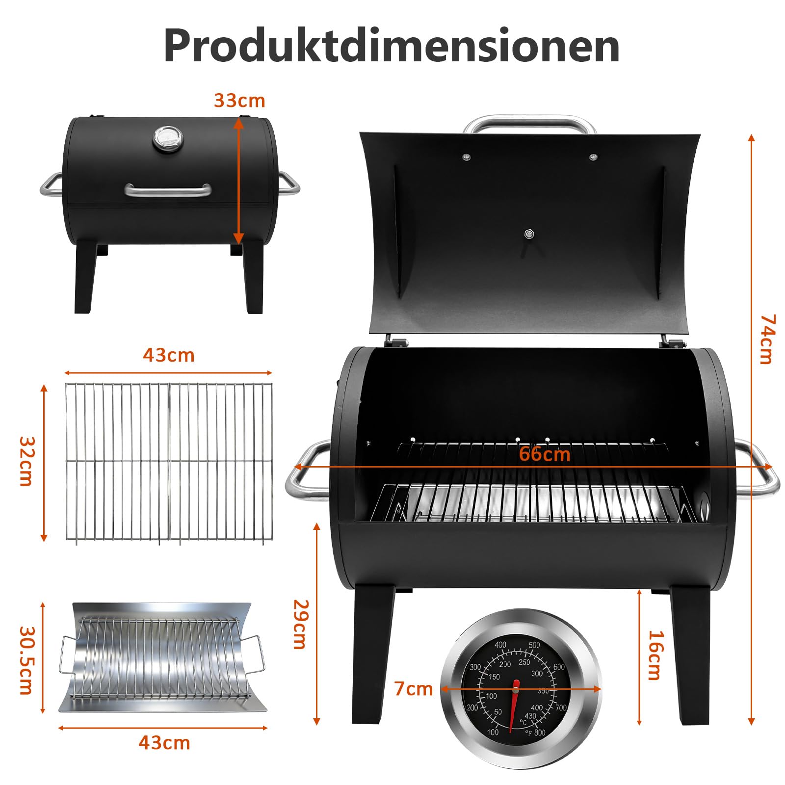 Barbecue de table avec couvercle, surface 32x43 cm | Thermomètre intégré, Pour le fumetage, Grillage en 2 parties