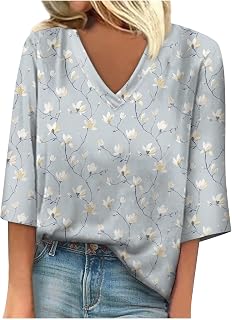 for Women T-Shirt Pull On Work and Practical Classical 3/4 Length Sleeve Women' Day Blouse Broadcloth Polka Dot Deep V Neck