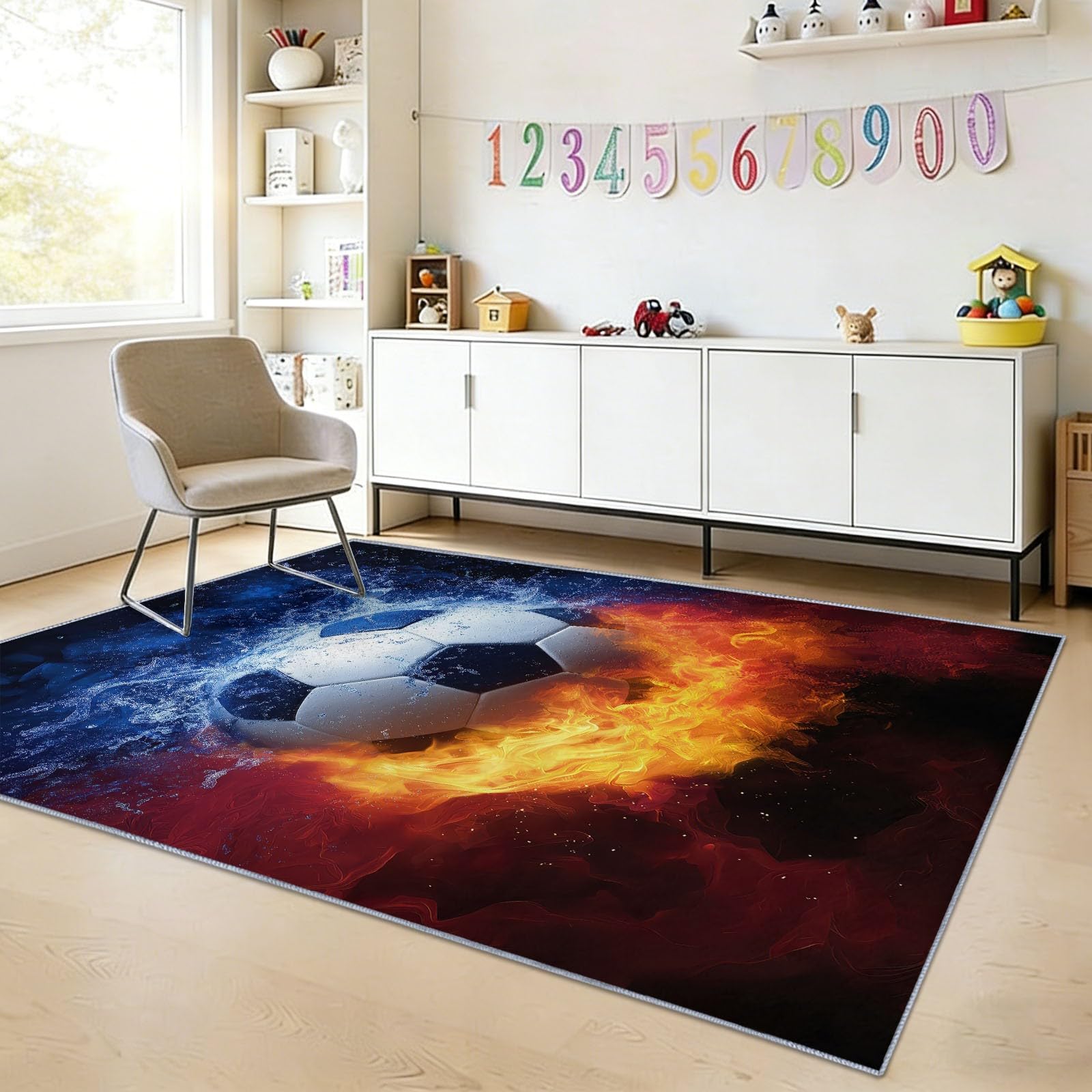 Generisch Fantasy Sport dywan z motywem płomienia do salonu, 120 x 170 cm, do pokoju zabaw, pokoju dziecięcego, na siłownię, do kuchni, antypoślizgowy, ciemnoniebieski, miękki, z krótkim włosiem
