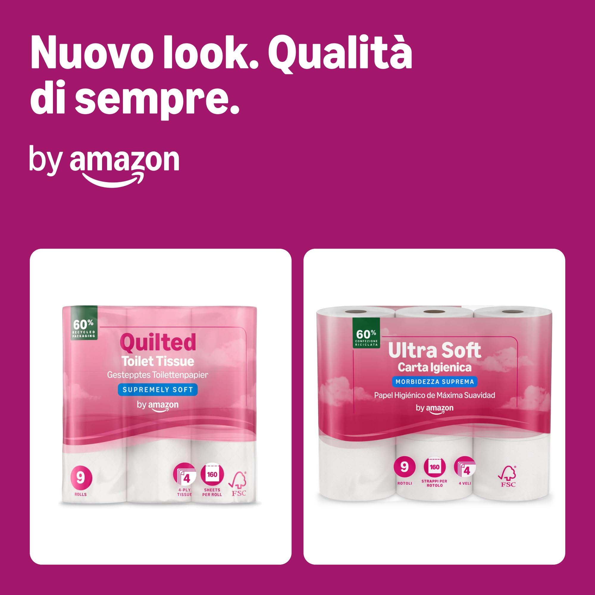 by Amazon, Carta Igienica Ultra Morbida, 4 Veli, 9 Rotoli (1 Confezione da 9), 160 Strappi per Rotolo, Certificata FSC