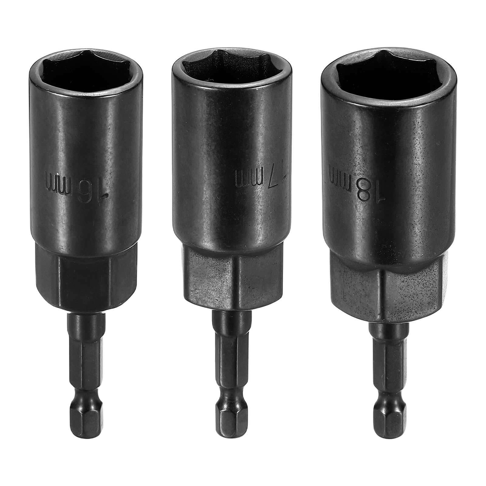 sourcing map 3pcs Nut Driver Drill Bit 16+17+18mm Metric Socket 1/4" Hex Shank 3.15" (80mm) Extra Long 6-Point Sockets Quick Change Cr-V Steel Bolt Setters for Power Drill Drivers, Black — image 1