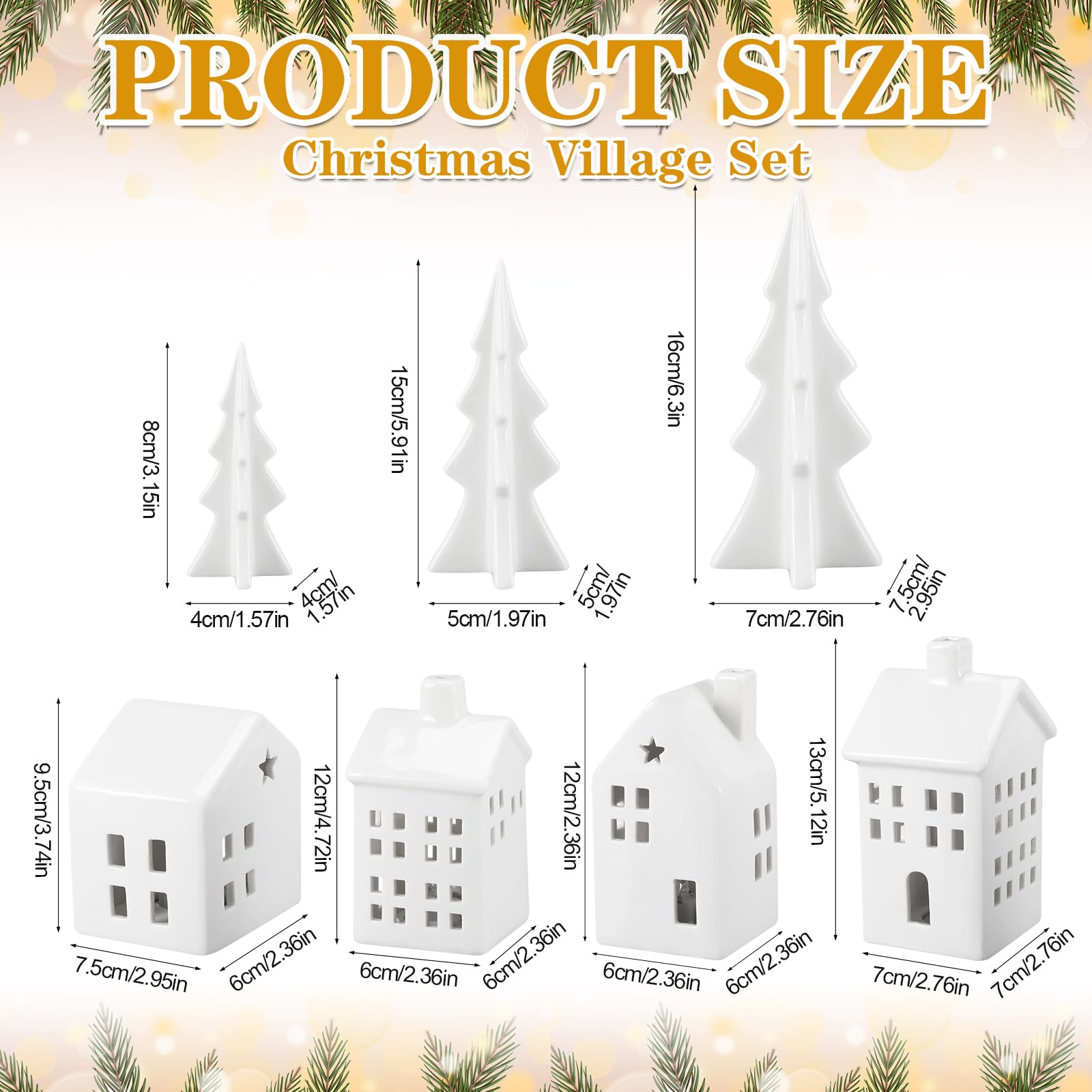 Newtay Juego de 7 piezas de cerámica de pueblo de Navidad, 4 luces LED, casas de pueblo de cerámica blanca con 3 árboles de Navidad, figuras de Navidad para casa de campo, rústico, interior, mantel
