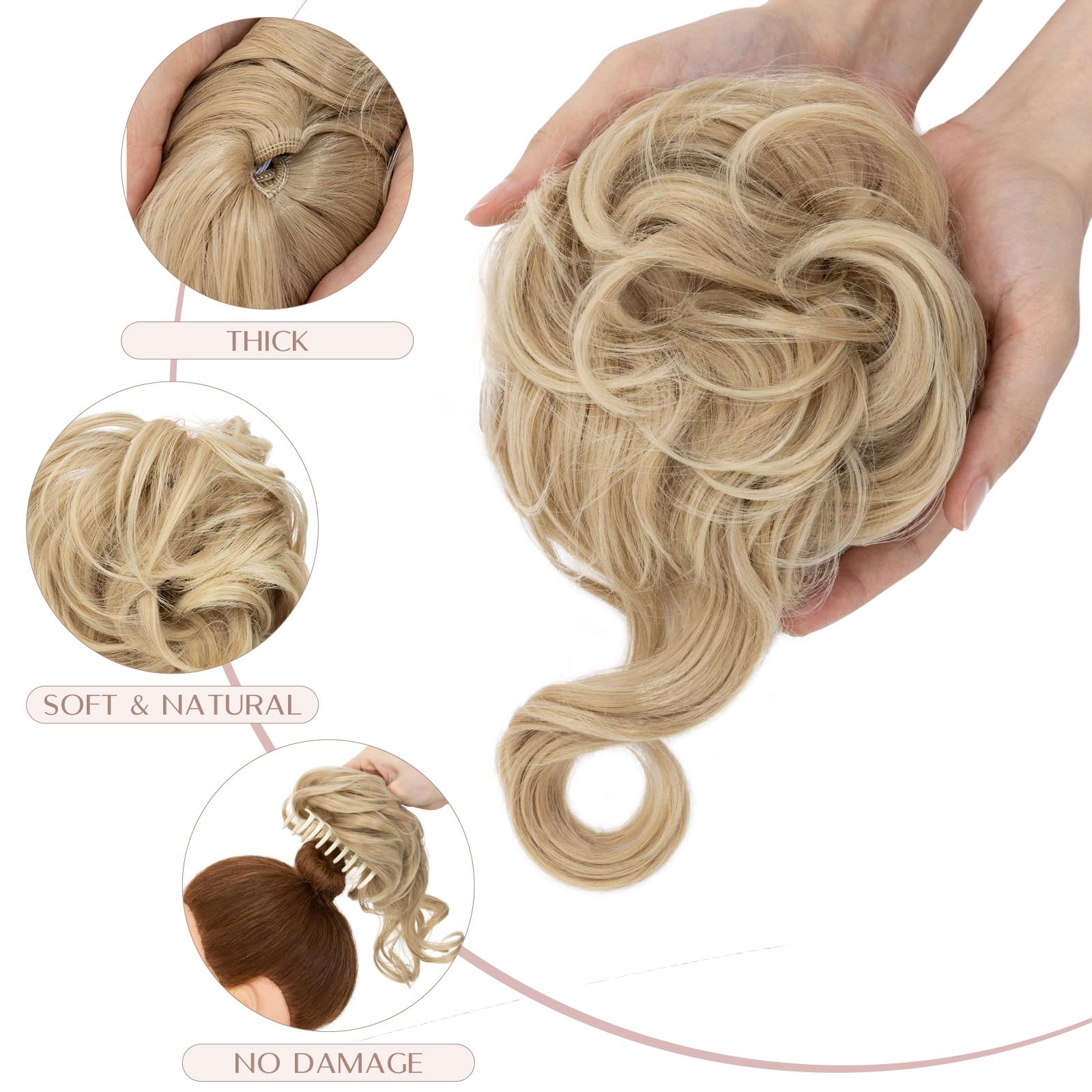 SEGO Tousled Updo Hair Bun Donut Synthetic Thick Hair Chignon 86G Claw Messy Bun Hairpieces Wavy Curly, Ash Blonde & Bleach Blonde - Image 2