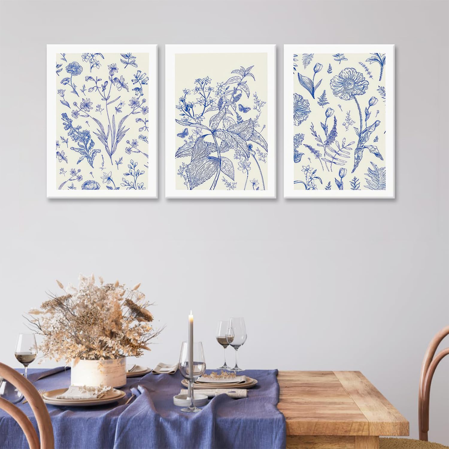 LYPHNX Framed Blue White Chinoiserie Floral Canvas Wall Art Navy Watercolor Flower Painting Posters Set of 3 Minimalist Botanical Wildflower Prints Picture Home Decor for Bedroom Living room 12"x16"