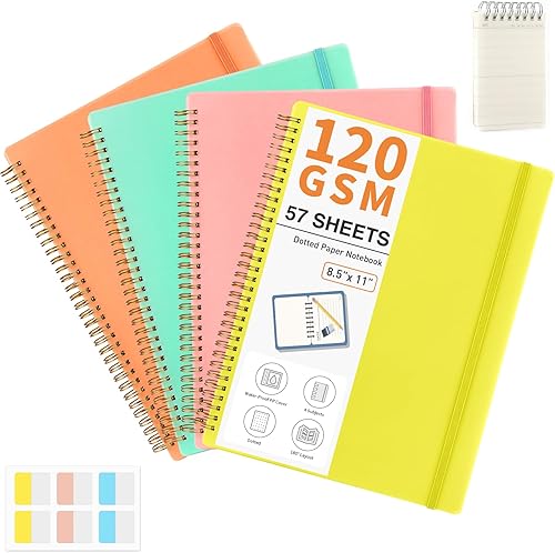 Smarpau Paquete de 4 cuadernos en espiral, cuaderno grande de puntos de 8.5 x 11 pulgadas, papel grueso de 120 GSM, 57 hojas114 páginas, cuaderno