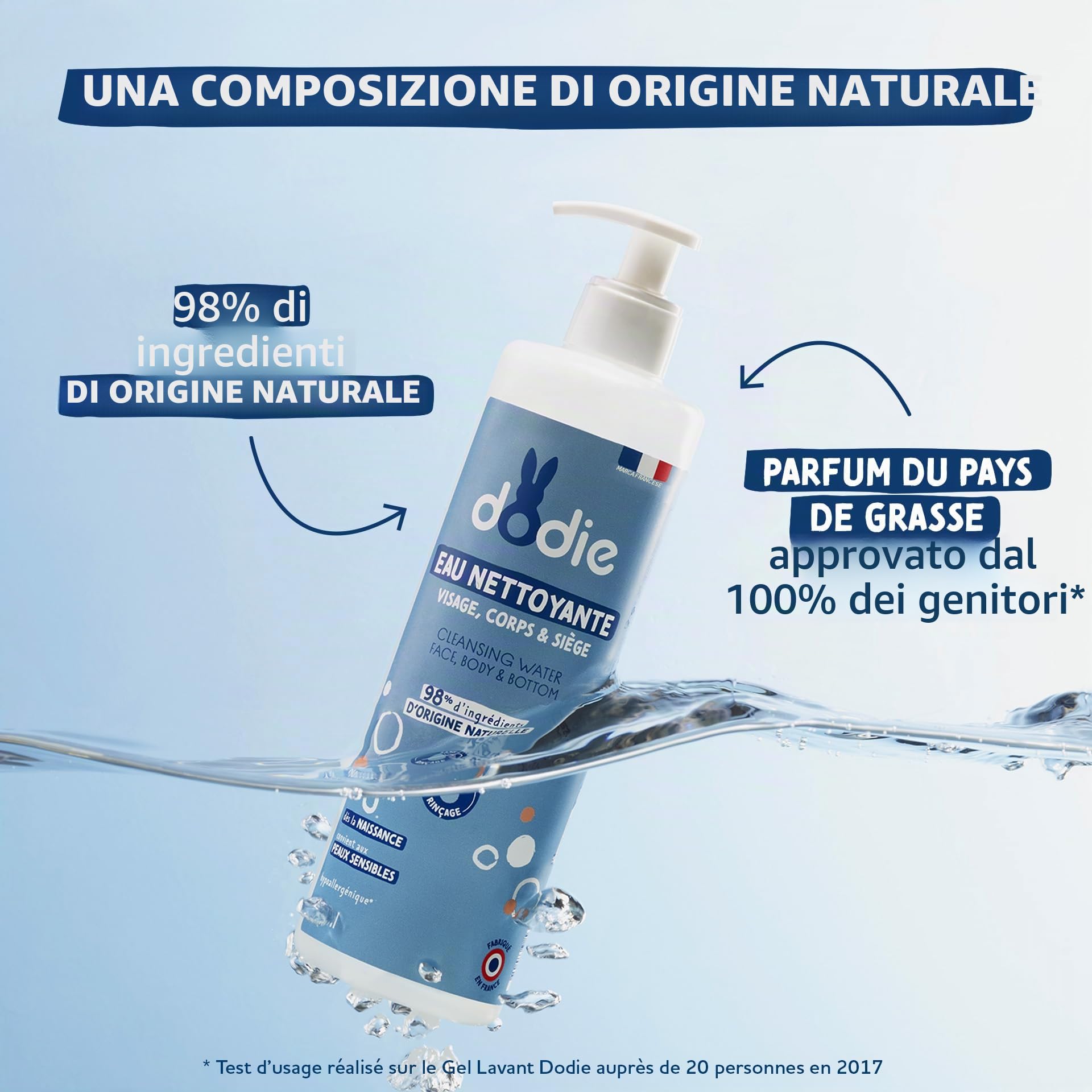 Dodie, Acqua Detergente 3 in 1 (500 Ml), Detergente Viso, Corpo e Zona Pannolino, 98% di Ingredienti di Origine Naturale, Ipoallergenico, dalla Nascita