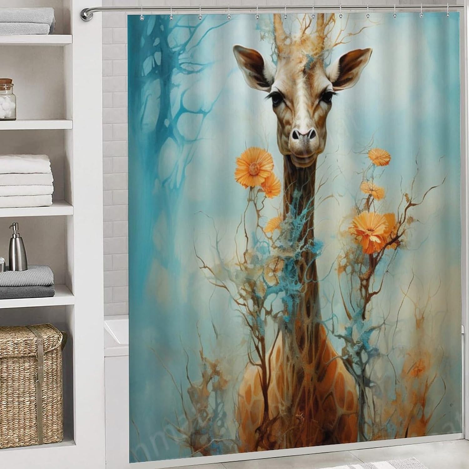 4 Pcs Modern Giraffe Shower Curtain Sets, Watercolor Animal Print Bathroom Set Shower Curtain Set with Rugs and Accessories,Bathroom Decor with Bath Mats Toilet Lid Cover