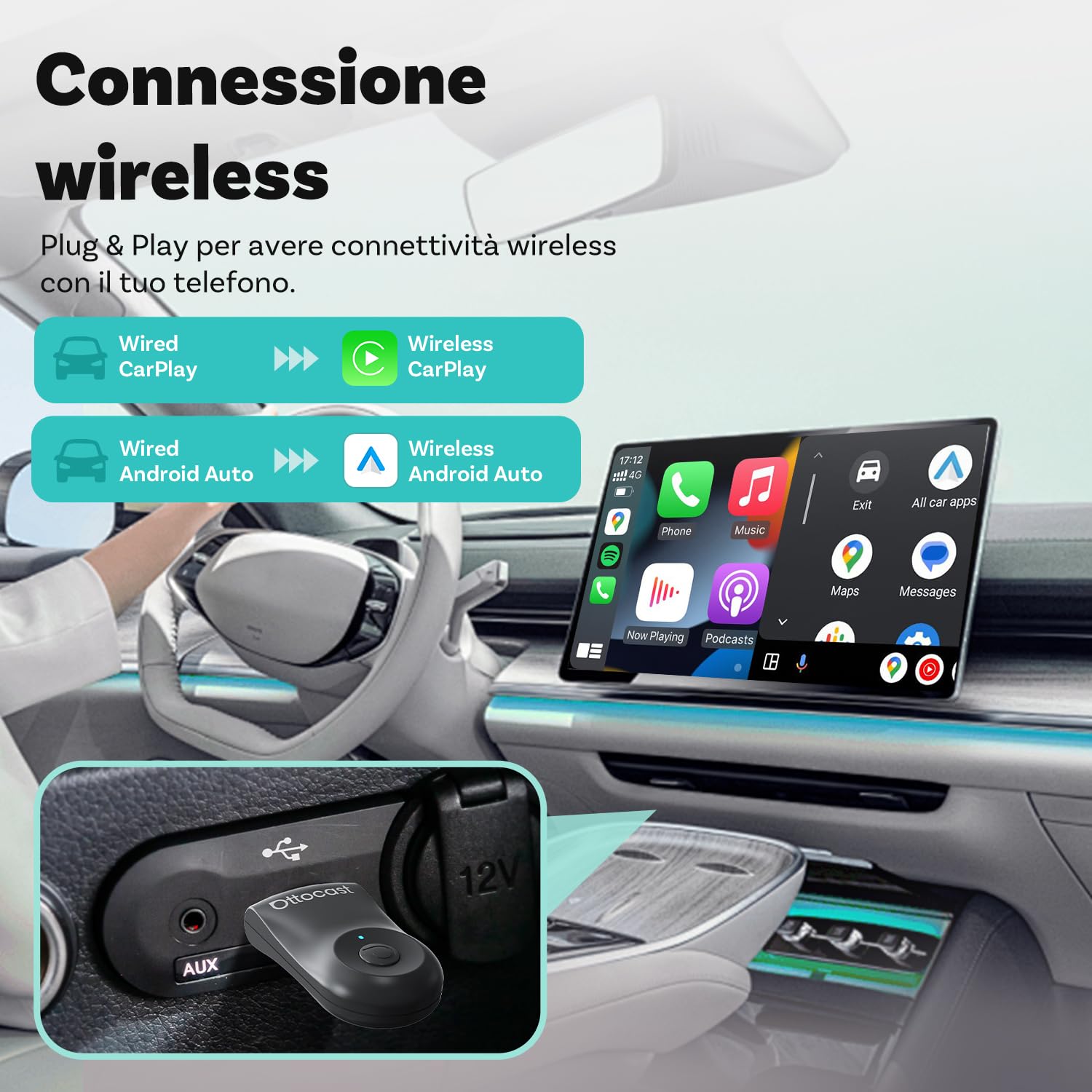 OTTOCAST Mini, Adattatore Wireless Android Auto e Carplay Plug & Play WiFi 5,8 GHz Converti Dongle Carplay Cablato in Wireless, Compatibile con auto del 2016 e successive con AA cablato e Carplay