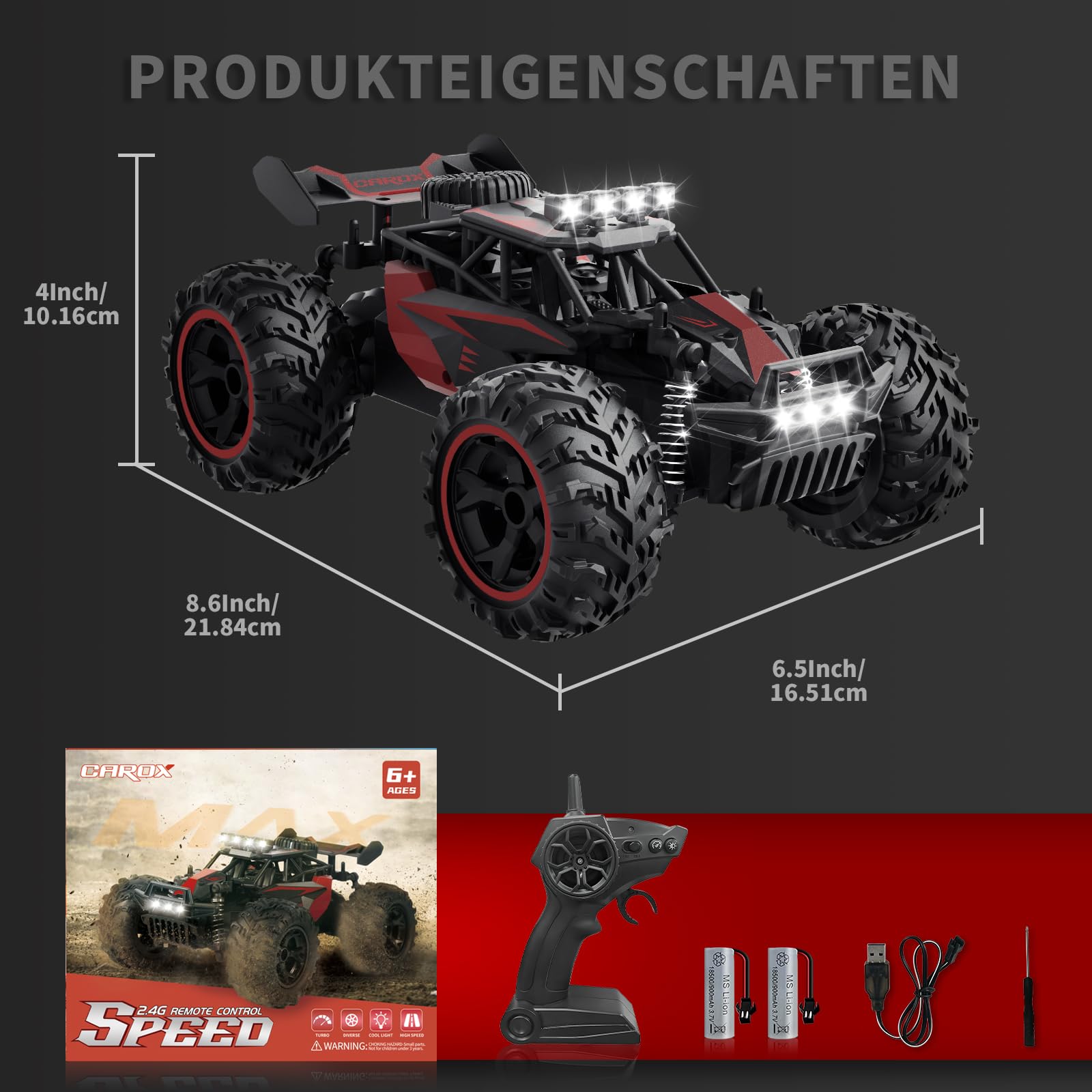Carox ferngesteuertes Auto 2.4 GHz 25 km/h RC Auto 1:18 Off Road Monstertruck mit Scheinwerfer