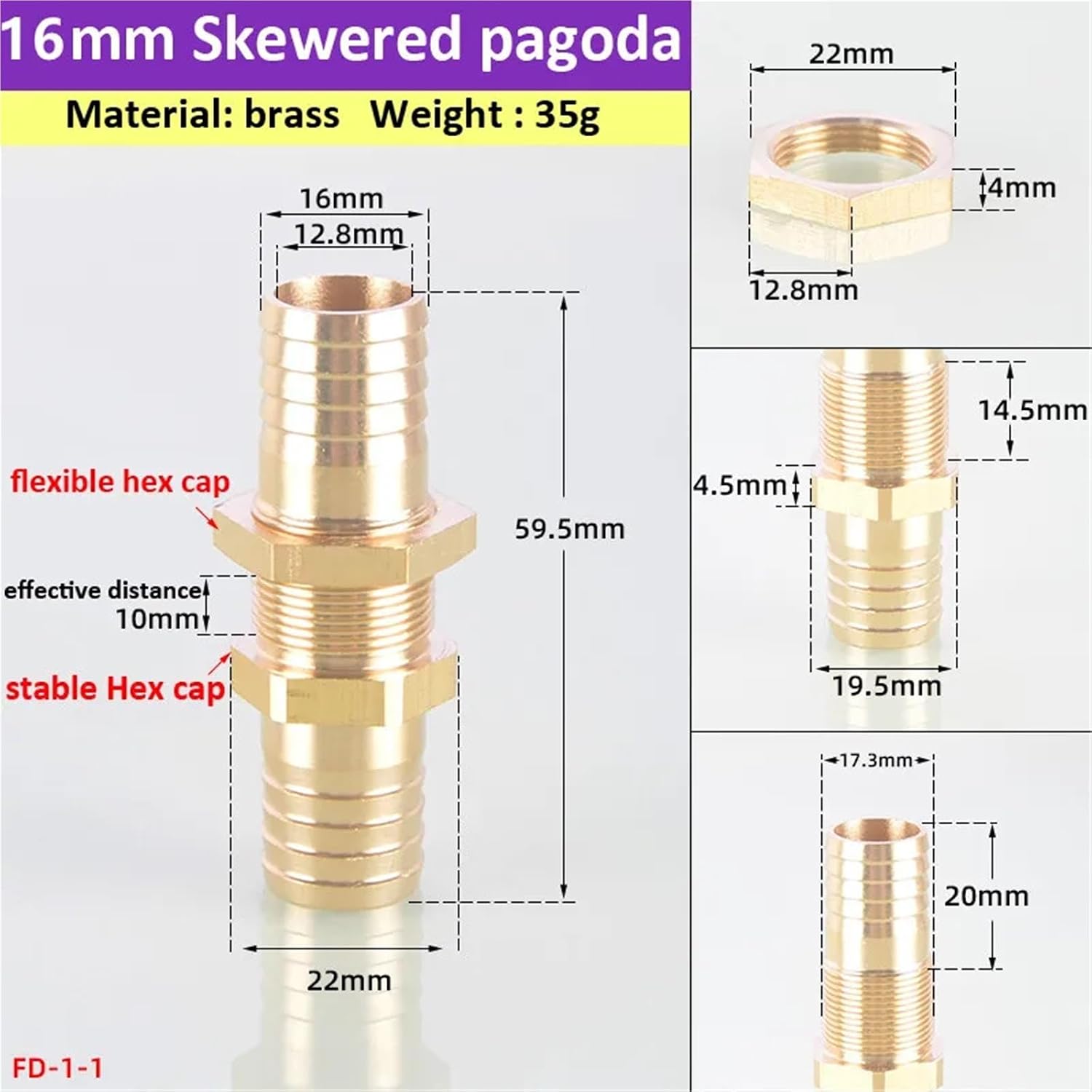 6mm-25mm Hose with Nut Bulkhead Brass Barbed Tube Pipe Fitting Coupler Connector Reduce Straight for Fuel Gas Wate(OD 16mm) Plumbing Fittings
