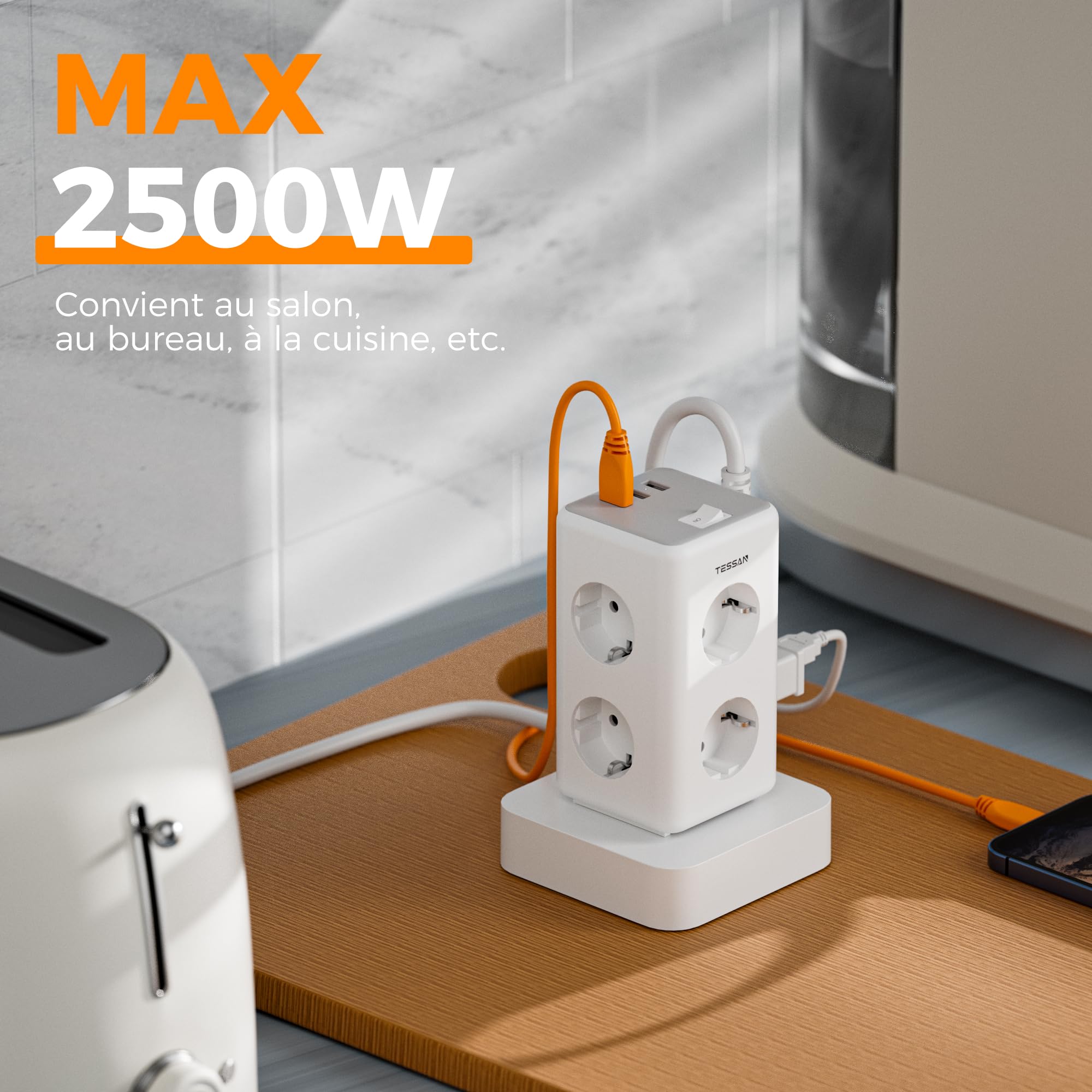 Chargeur USB-C GaN 65W Tessan 6-en-1 - 2 Ports USB-C, 2 Ports USB-A, 2 Prises CA, Câble 1,5m, Avec Interrupteur