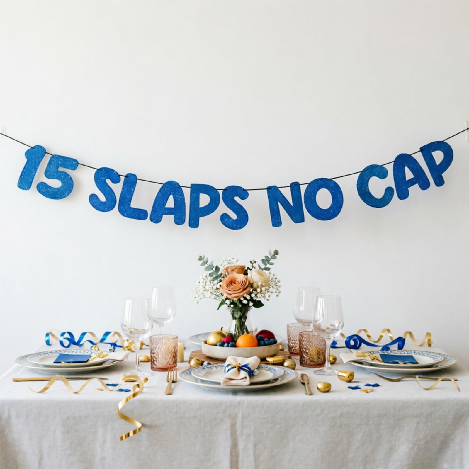 15 Slaps No Cap Birthday Banner – Reusable Party Decor for Adult Celebrations, Neutral Design with Ribbon & Threading Tool