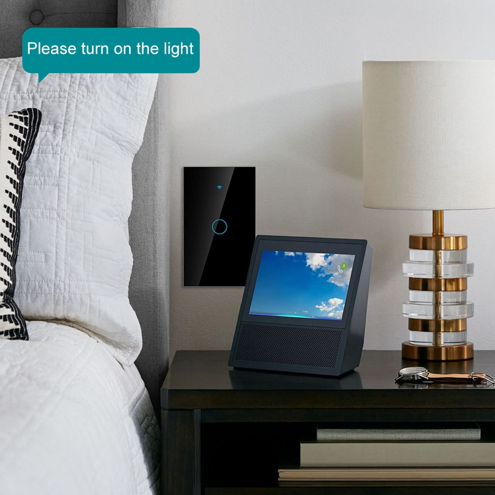 Interruttore Smart WiFi Interruttore touch a 1 via AC 90-250 V App a giro singolo Sistema di controllo remoto wireless Controllo vocale Wi-Fi (nero USA)(Nero)