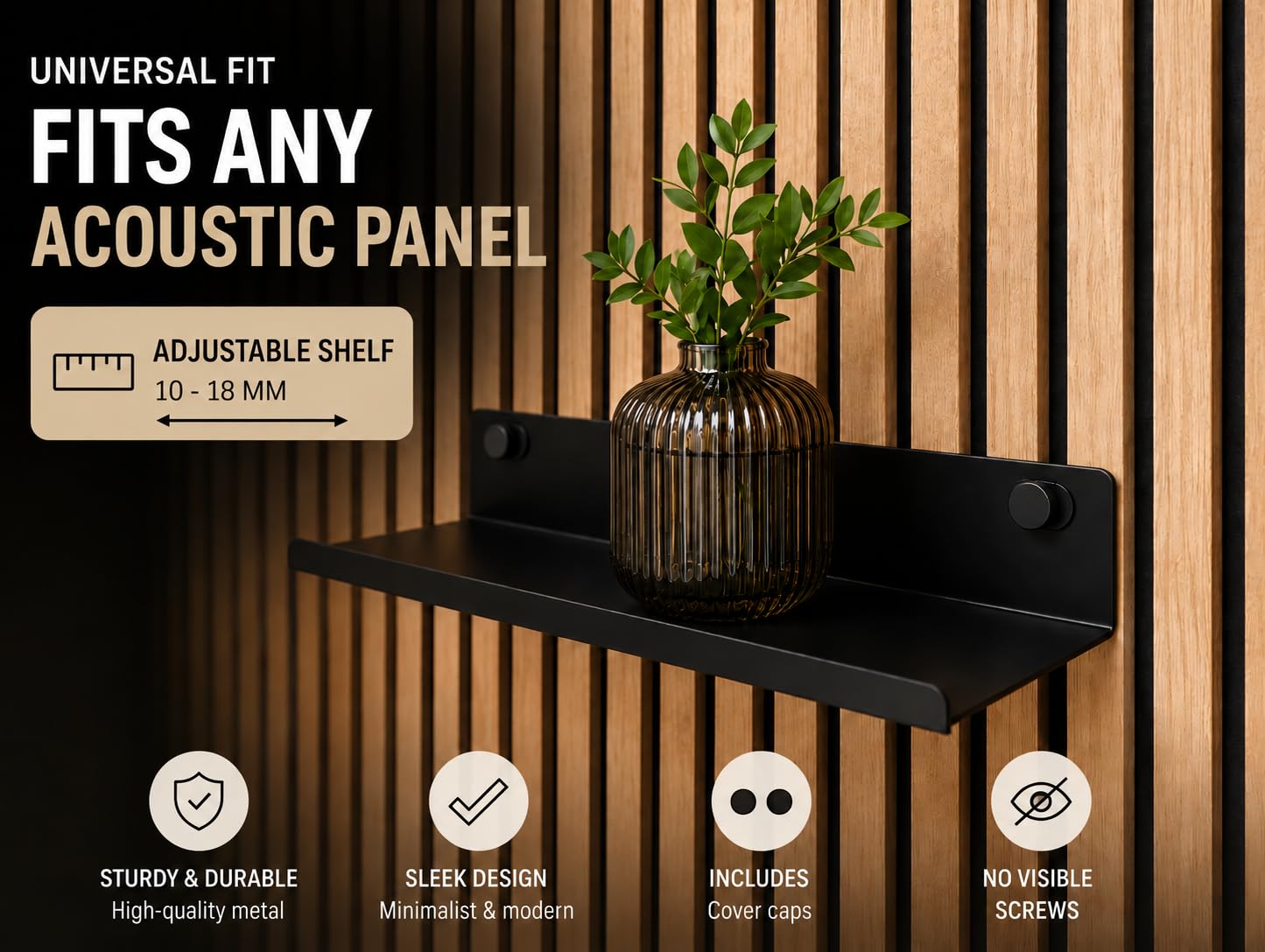 Regal für Akustikpaneele ohne Bohren – 34,4 cm, 2er-Set universell – Schweberegal Metall Schwarz – Akustikpaneele Zubehör & Ablage für Deko & Pflanzen – Wandregal für Akupanel & Lamellenwand