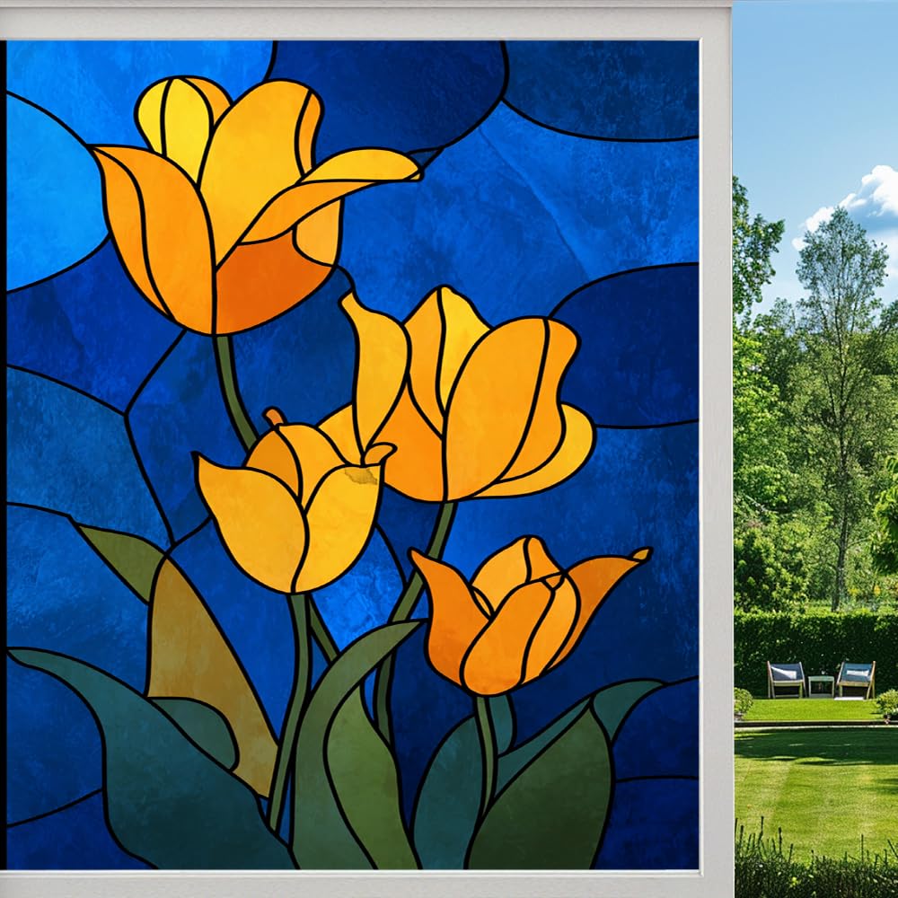 Pmlbaous Colorful Flowers Frosted Window Film, Abstract Natural Tulips Plants Stained Glass Privacy Film, Heat Insulation Self-Adhesive Vinyl For Bathroom Office, （45X90cm）