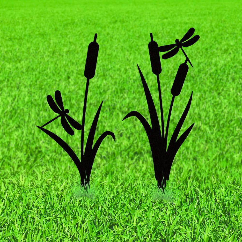 WADORN 2Pcs Cattail Reeds & Dragonfly Metal Decorative Garden Stakes, Black Cattails Silhouette Outdoor Statues Rustic Garden Ornament Gifts Yard Art Decor Stakes for Outdoor Backyard Lawn Walkways