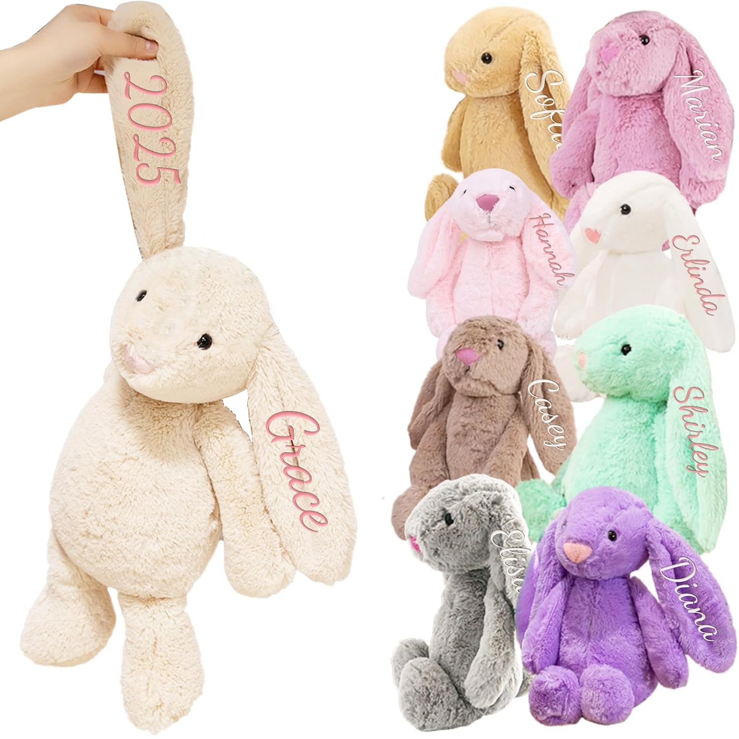 Personalized Embroidered Plush Bunny with Name - Handmade Custom Easter Toys with Embroidered Name, Baby’s First Easter Gift