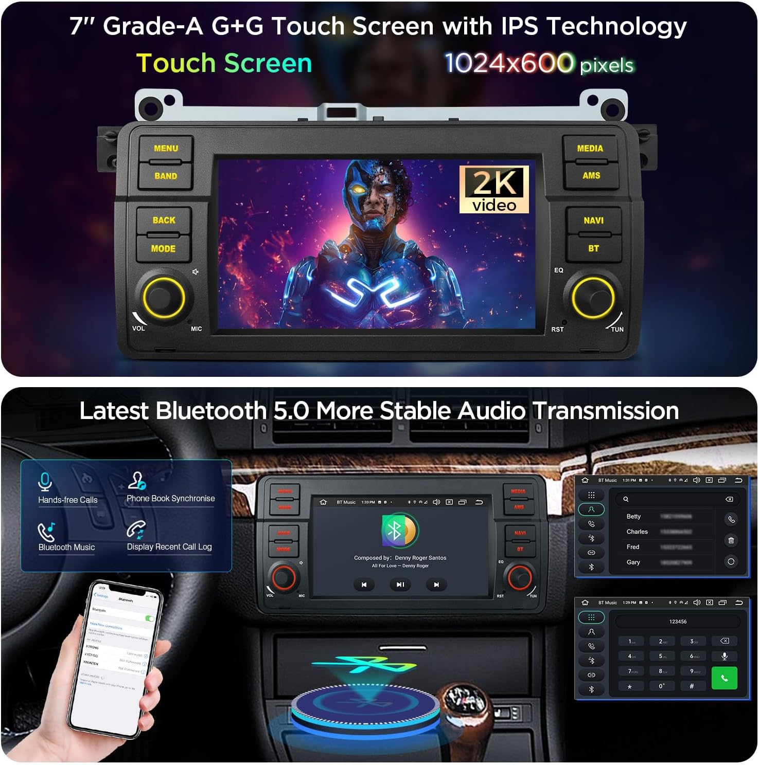 The 7-inch touch screen displaying a video, and a separate section showing Bluetooth 5.0 features like hands-free calls and music streaming.