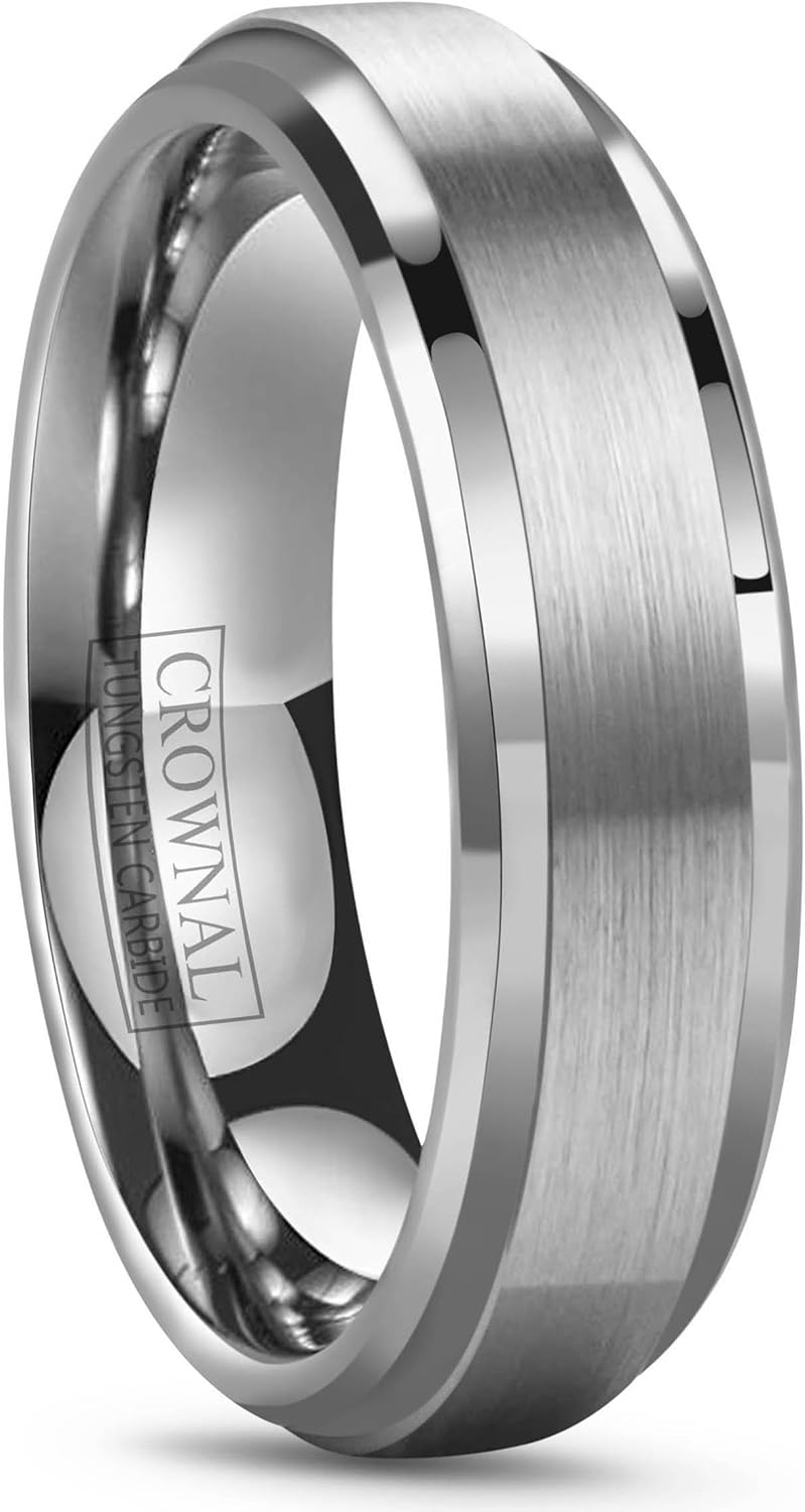 CROWNAL 6mm 8mm 10mm Tungsten Wedding Band Ring Men Women Polished Beveled Edge Matte Brushed Finish Center Silver/Rose Gold Tone Comfort Fit Size 5 to 17