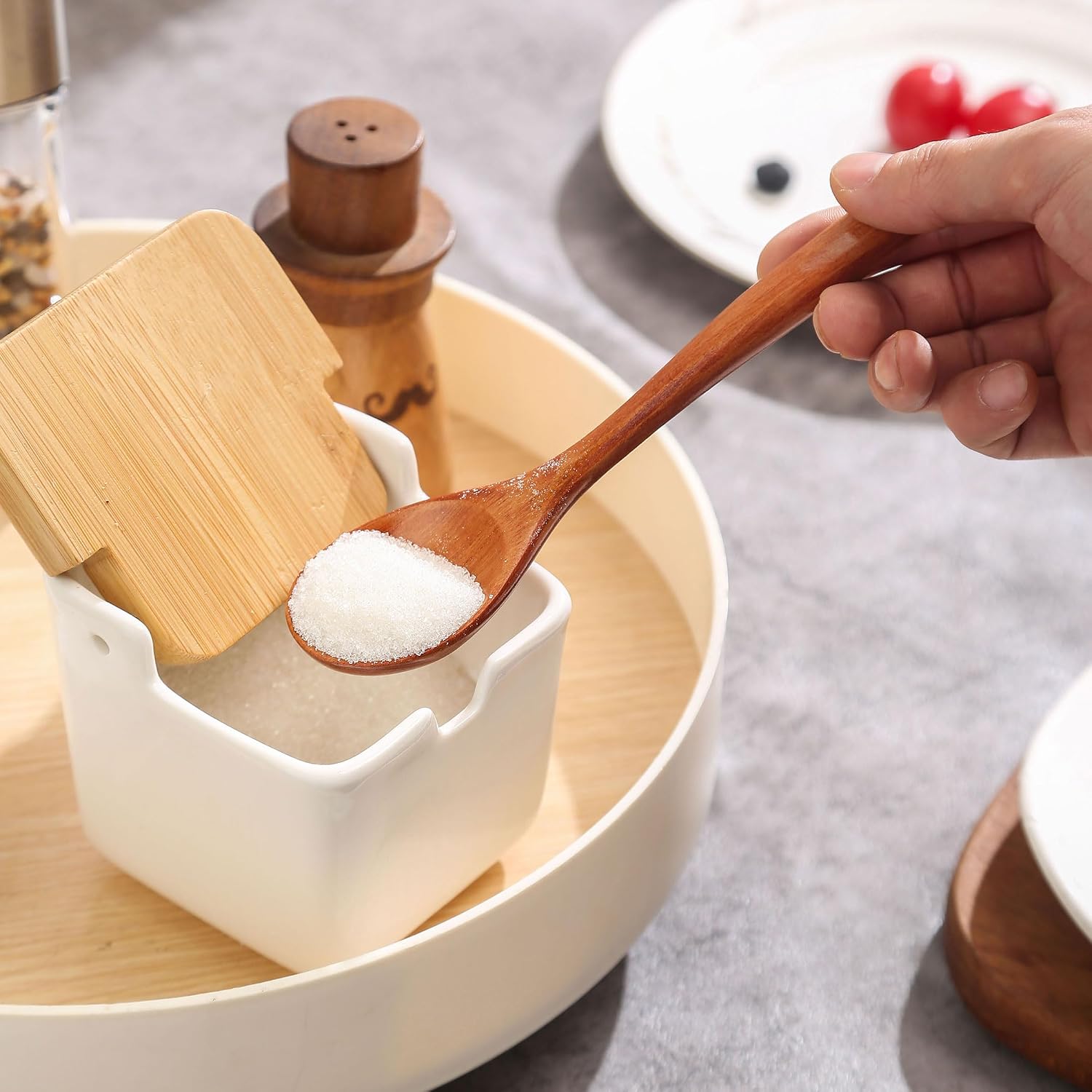7 PCS Honey Spoons, 5.8 Inch Small Wooden Spoons for eating, Wooden Honey Teaspoons for Coffee and Tea, Wood Spoons for Stirring, Bamboo Table Spoon, Little Tiny Wooden Spoons for Utensils Set
