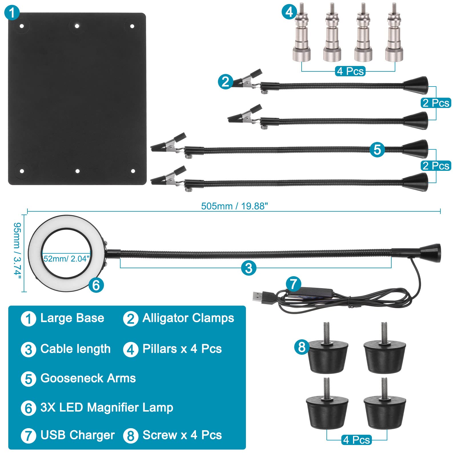 PATIKIL Mano di aiuto magnetico, 1 set di saldatura, 3 x lampada di ingrandimento a LED con supporto magnetico per circuiti stampati PCB per riparazione elettronica PCB Artigianato