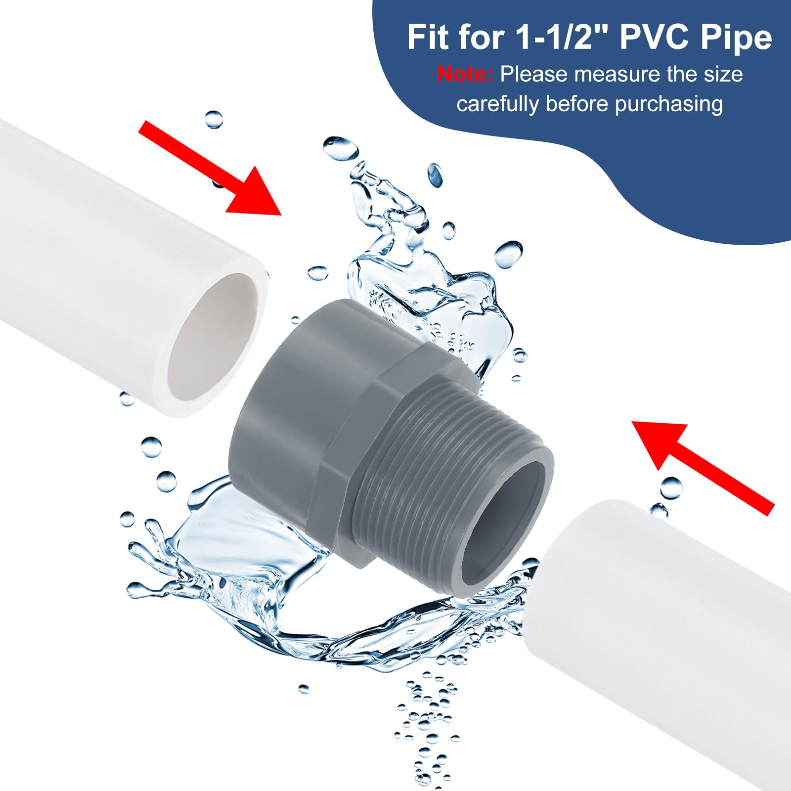 QUARKZMAN Adattatore Maschio in PVC per Tubi, 5Pz Connettori a 2 Vie per Tubi in PVC da 1-1/2" con Nastro Sigillante (Presa x Filettatura Maschio), Accoppiatore Adattatore (Grigio)