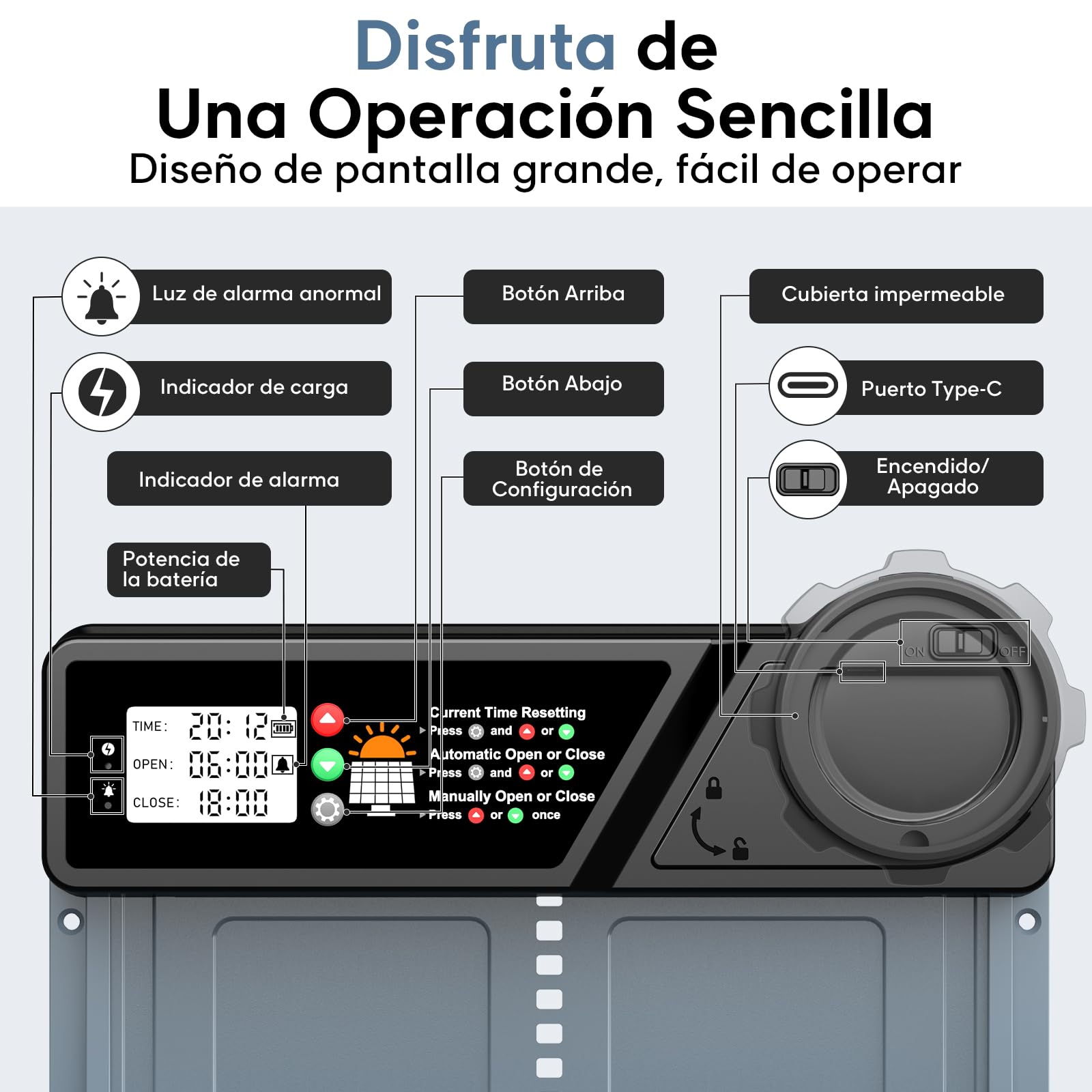 CHAMUTY Puerta automática para gallinero solar con temporizador, panel solar 7W, LCD, mando a distancia