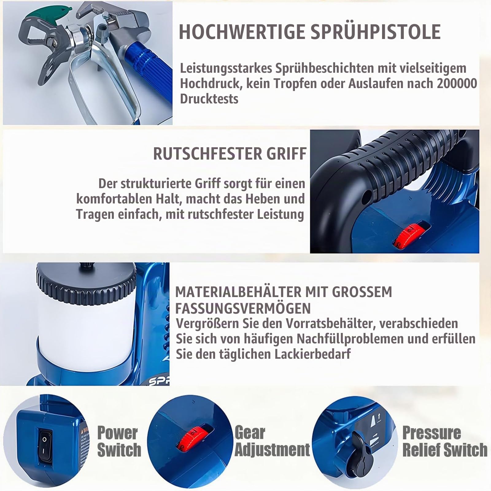 1,2-l-Airless-Farbspritzgerät, 750-W-Farbspritzpistole 12,5 MPa, 6-stufig Einstellbarer Druck, mit Zwei 21-V-Batterien und 1,80 m Schlauch, 2 l/min Durchflussrate, für Wände und Dä 2battery