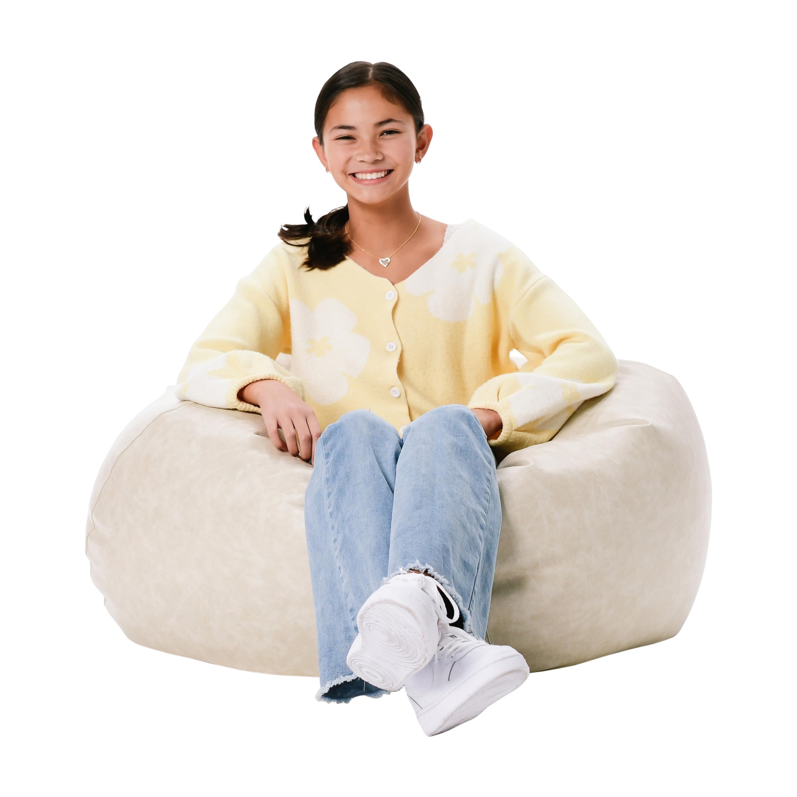 Factory Direct Partners35" Rustic Western Bean Bag Chair; Distressed Faux Leather, Low to Ground for Reading, Playing Video Games and Relaxing; Flex Seating for Home and School - Almond, 10478-320