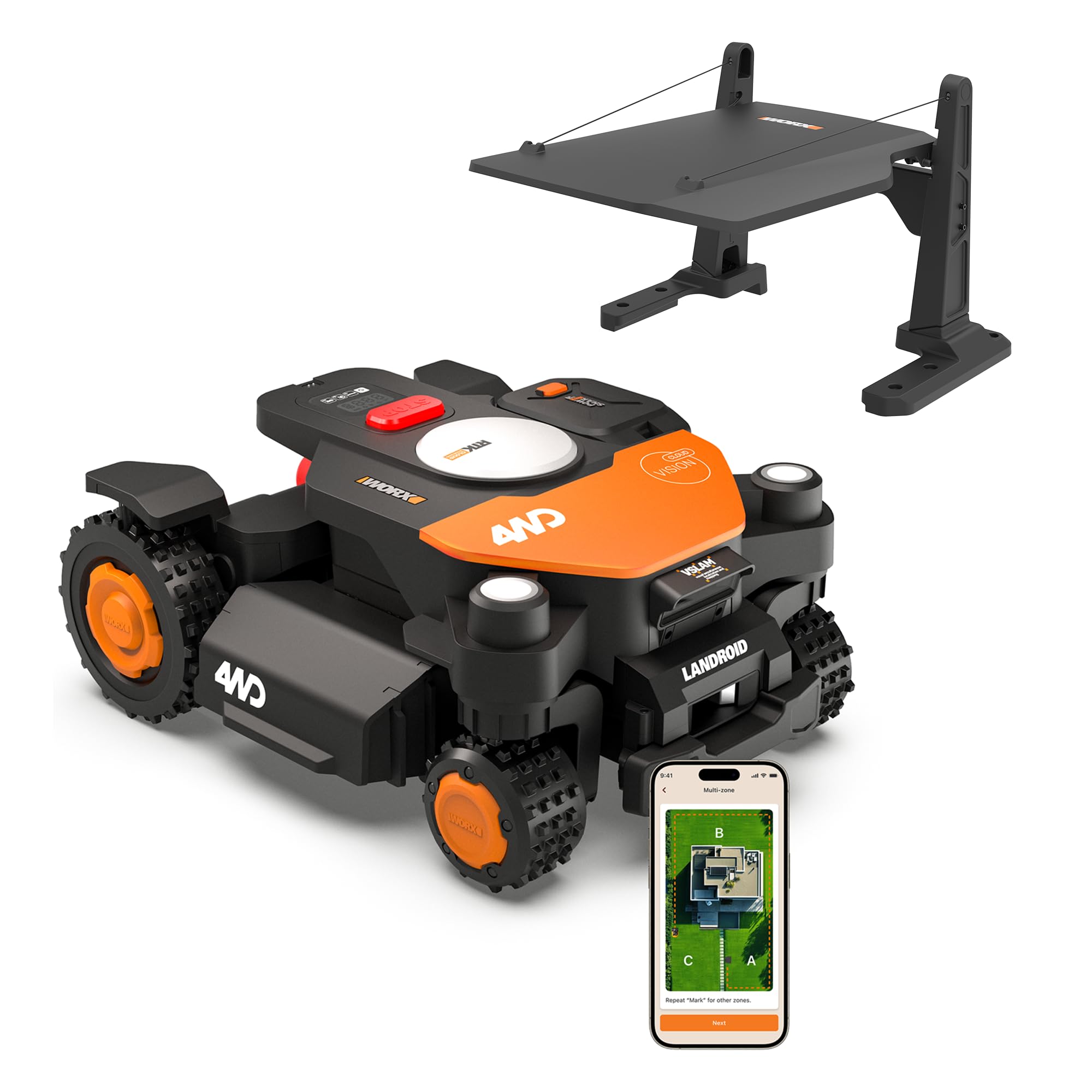 WORX Vision Cloud 4WD WR342E Robot tondeuse 2000 m² sans fil périphérique + Garage (évitement d'obstacles par IA