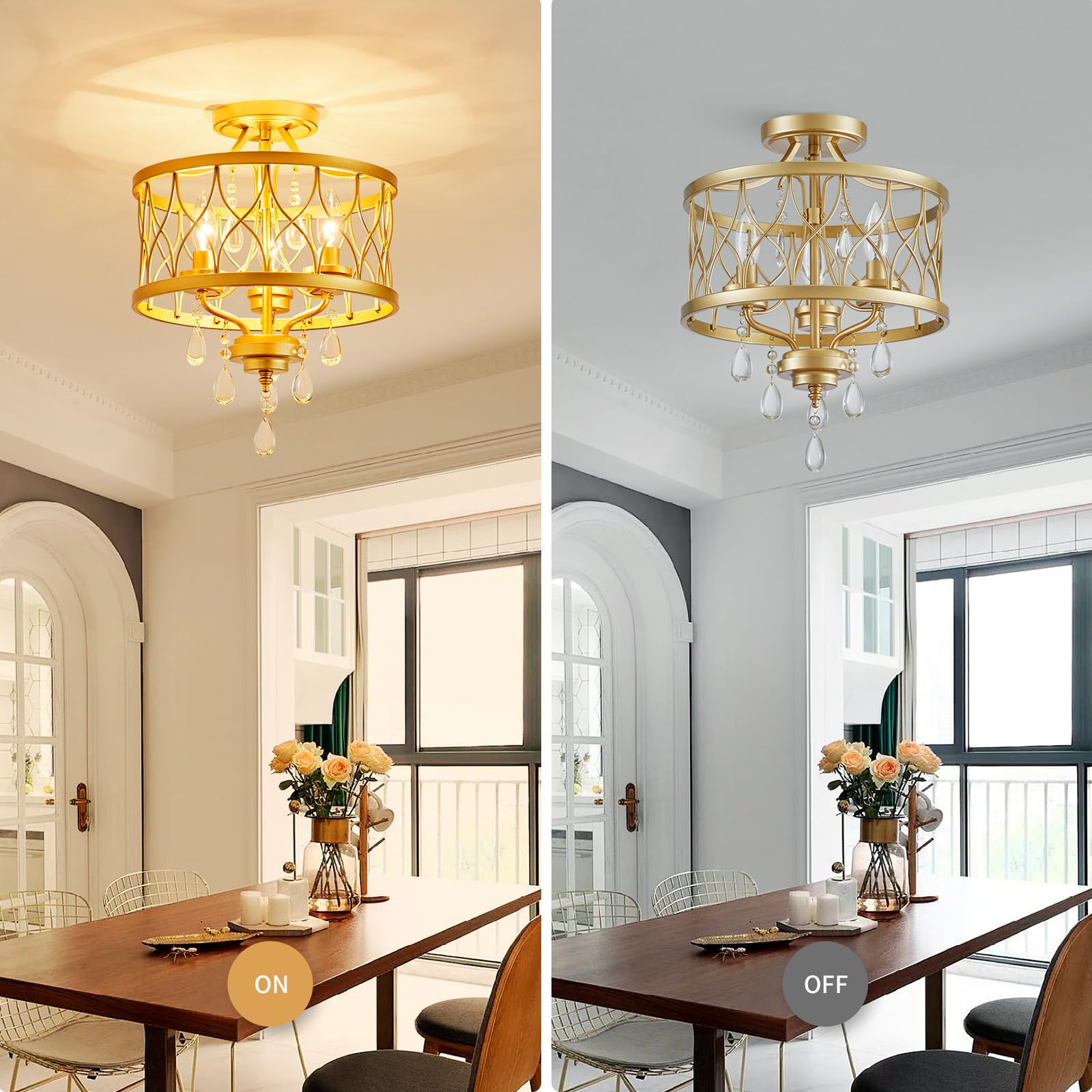 WUZUPS lustre 3-lumière vintage ferme industrielle semi-flush montage plafond luminaire éclairage moderne pour foyer chambre couloir chambre de stockage cuisine, H 40,6 x L 32,5, E14 Base, or