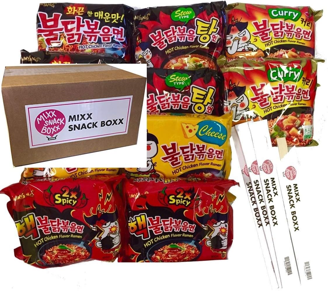 Samyang Hit Spicy Chicken Hot Ramen noodle Buldak Variety 10 pack (2 each:Hek Nuclear,Original,Cheese,Curry,Stew Type) + (4) Mixx Snack Boxx Chopstick
