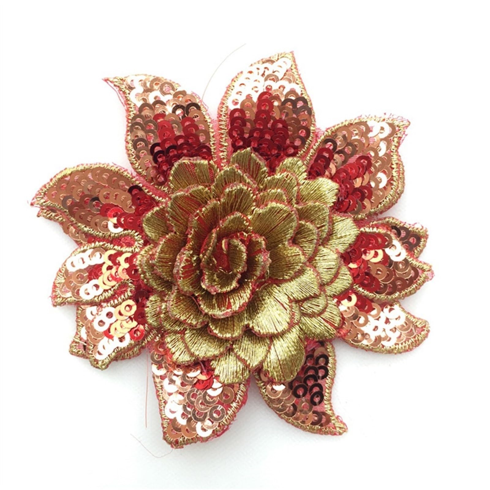 Wtaxbh N061 Hong Jia Jin Iron On Patches 10Pcs Lace Applique Sequins Embroidery 3D Flowers Sew-On Patches Diy Wedding Dress Clothes Decor Sewing Supplies 8Cm(N061 Hong Jia Jin)
