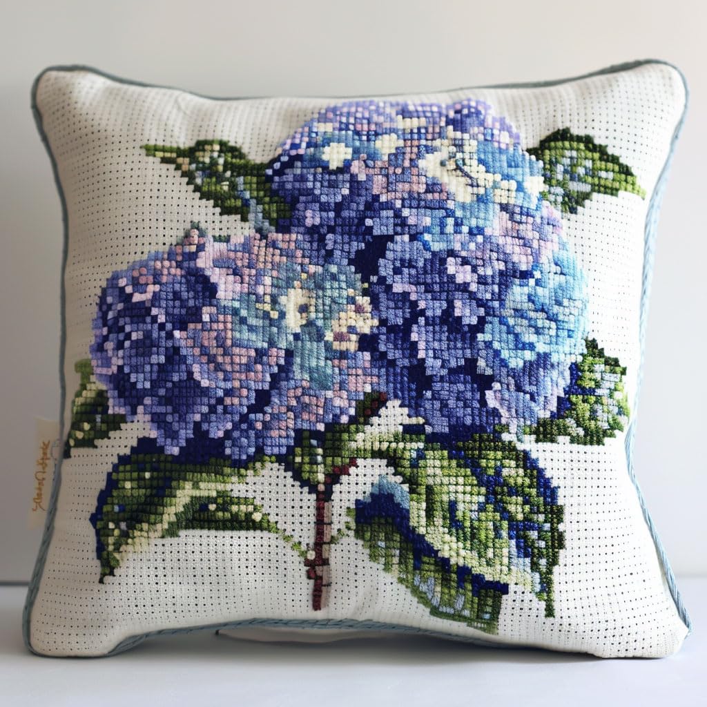 Walluminati Cross Stitch Pillow Cover Kit, Beautiful Hydrangea Cross Stitch Cushion Cover Embroidery Pillow Cases 11CT Stamped Embroidery Kit Handmade Cushion Cover Adults Beginner 18x18inch