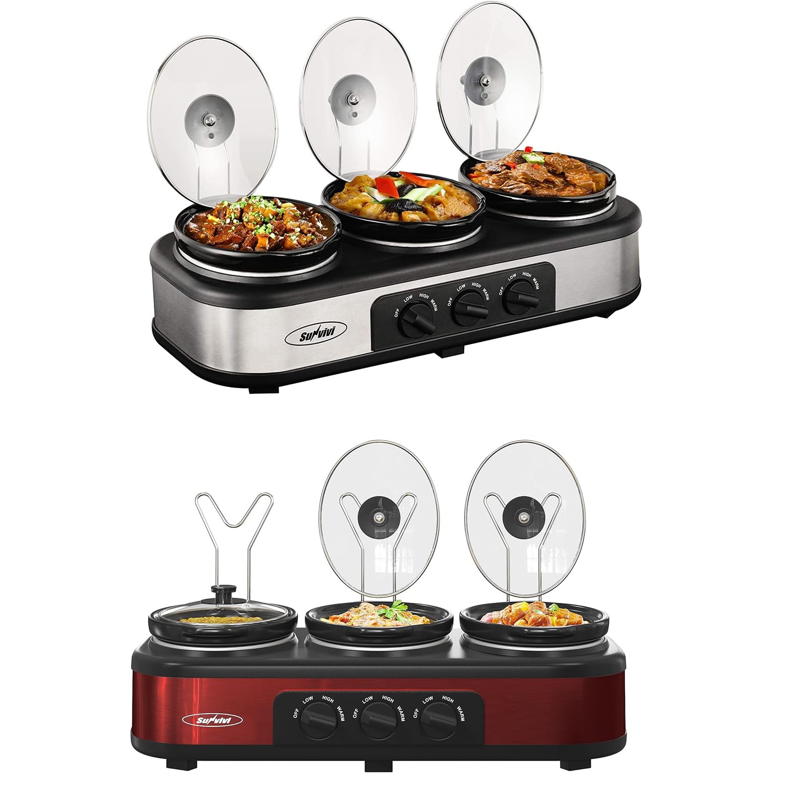 Sunvivi Triple Slow Cookers Silver and Red Color Slow Cooker Mini Crock Pot for Dips Food Warmers Buffet