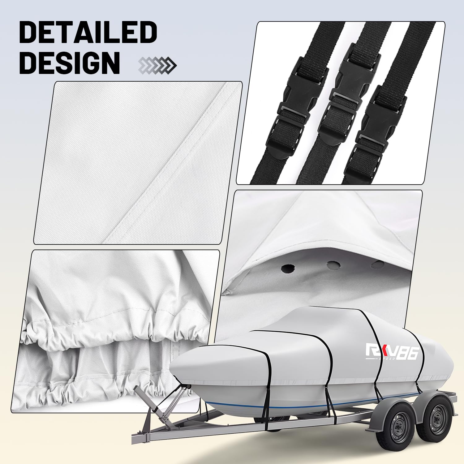 Funda para Barco con Remolque de 6,1 a 6,7 m, Lona Impermeable de poliéster 600D Resistente, de Grado Marino, con Bolsa, Apta para Casco en V, trimarán, lancha de Pesca y Proa Abierta, Plateado