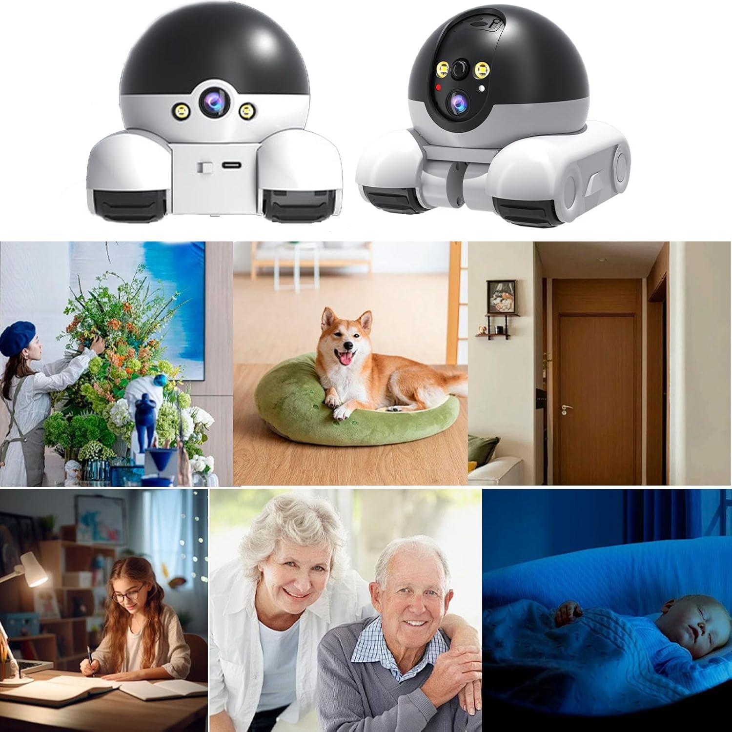 Robot con Telecamera per Animali Domestici, Telecamera di Sicurezza Robot Wi-Fi con Ruote 1080P Doppio Obiettivo Controllo Remoto per Casa Lavoro Animali Domestici, Scheda da 64G Inclusa