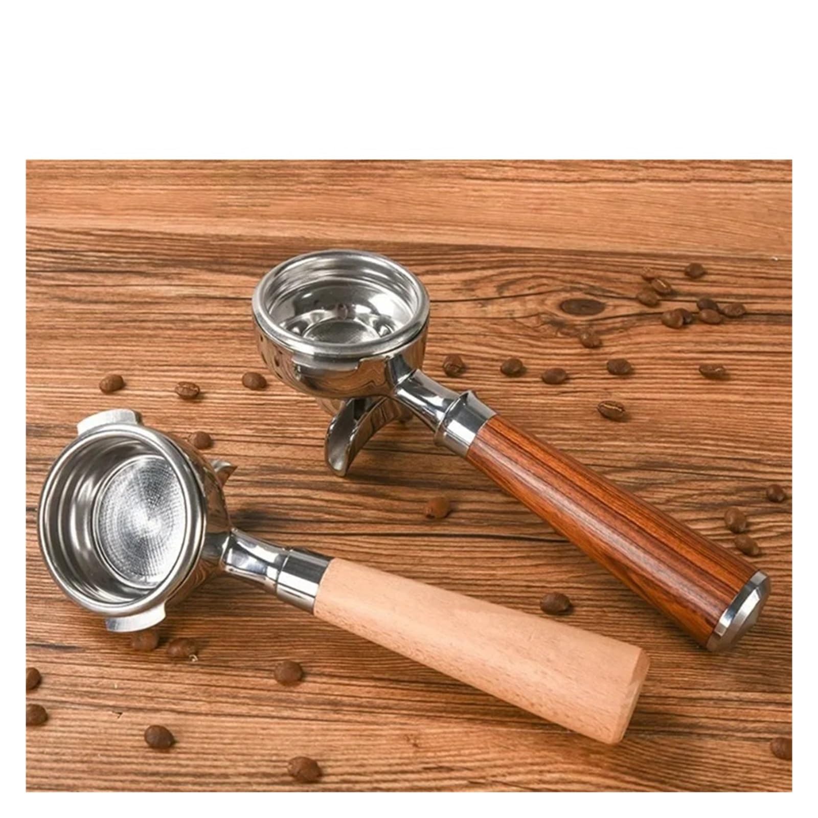 Siebträger, kompatibel mit Nuova, 58MM 2-ear Kaffeegriff | Einfach- und Doppelauslauf, Edelstahl und Holz, permanenter Filterkorb(58mm-single mouth-B)