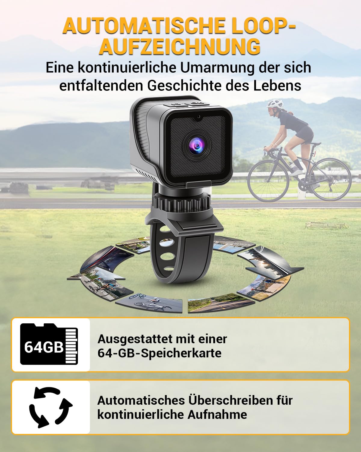 WLAN Action Kameras 120°Weitwinkel Sportkamera Mini Action Cam 1080P HD Dashcam Fahrrad für Helm und Fahrrad Mit Loop Aufzeichnung 64GB Speicherkarte Mit Halterungen